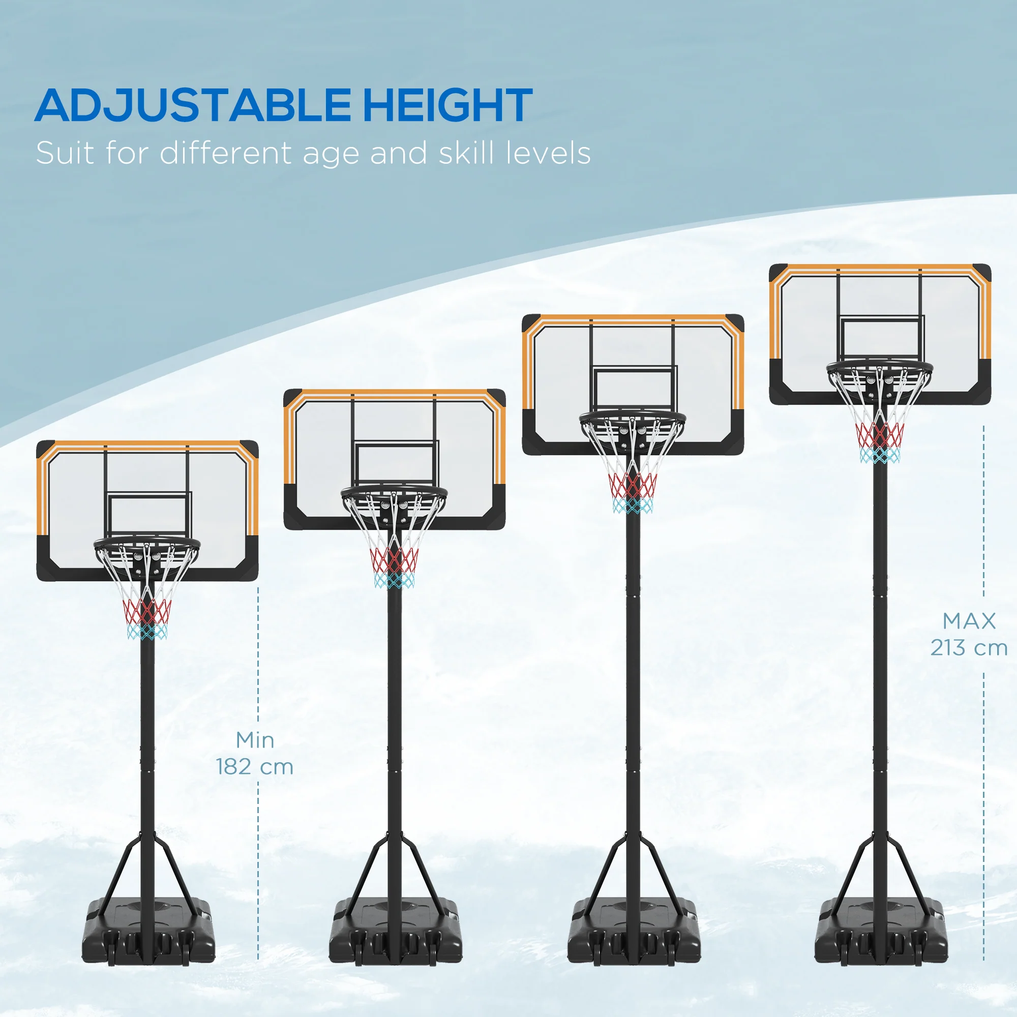 SPORTNOW Basketball Backboard Hoop Net Set System With Wheels, 182-213cm, Black - Image 4