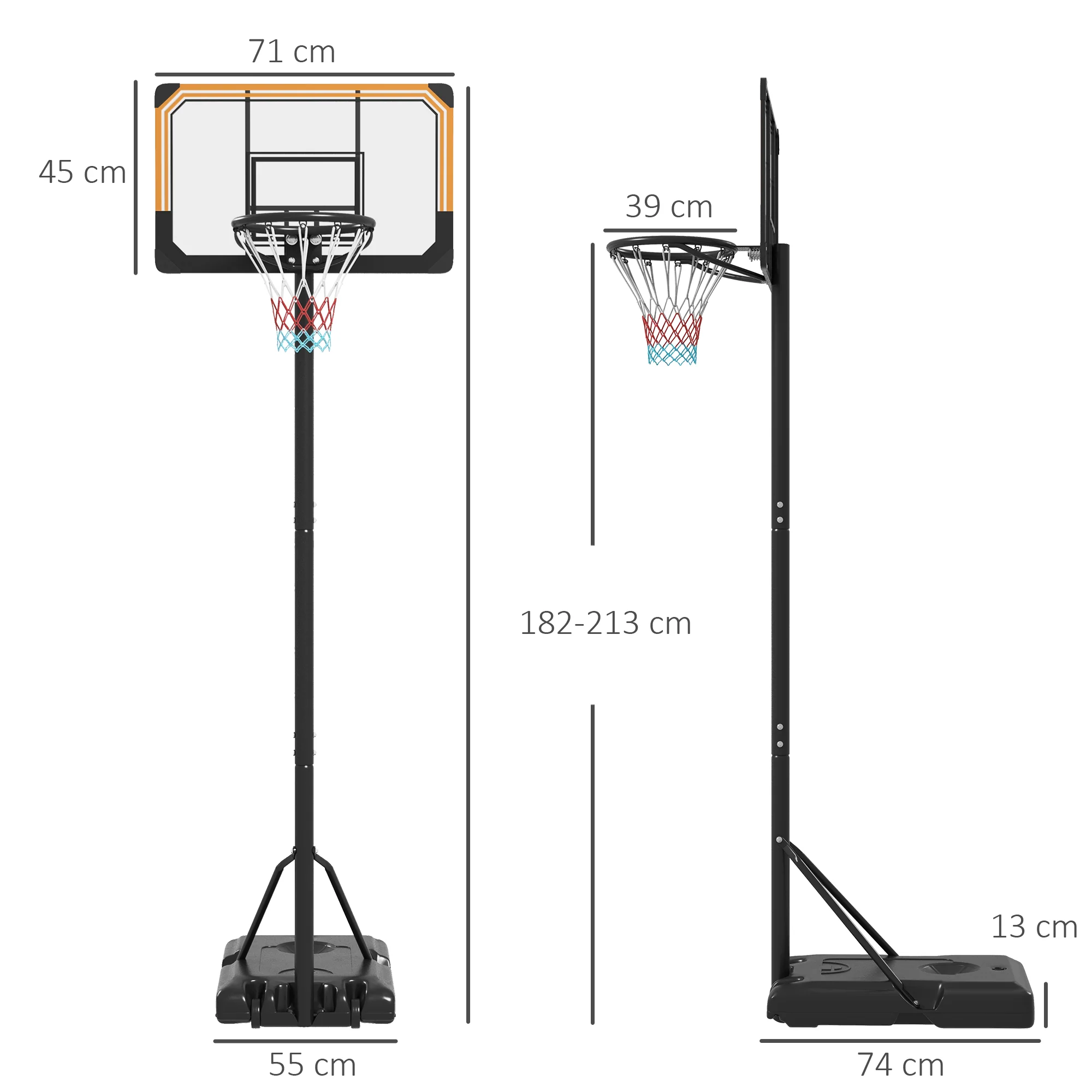 SPORTNOW Basketball Backboard Hoop Net Set System With Wheels, 182-213cm, Black - Image 5