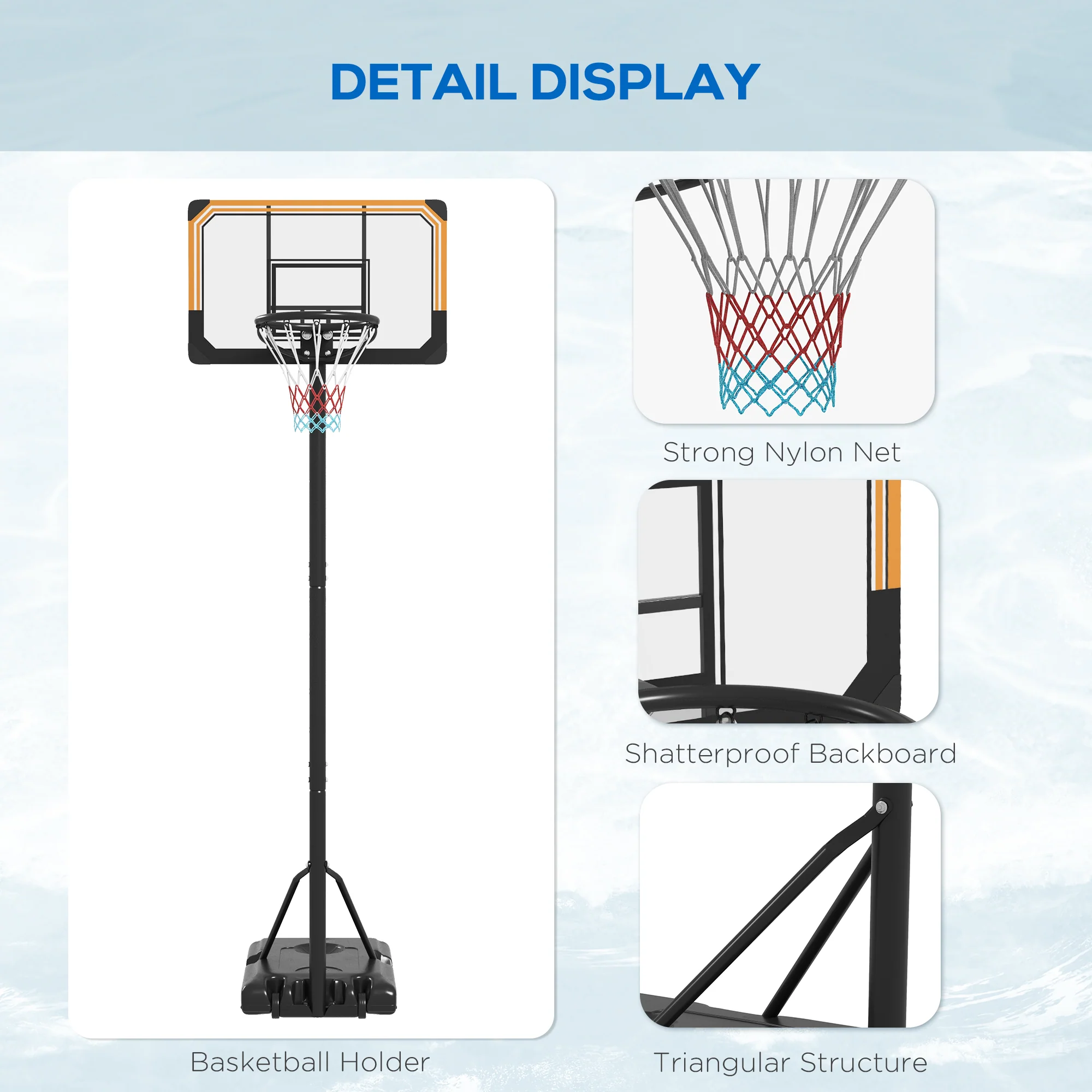 SPORTNOW Basketball Backboard Hoop Net Set System With Wheels, 182-213cm, Black - Image 8