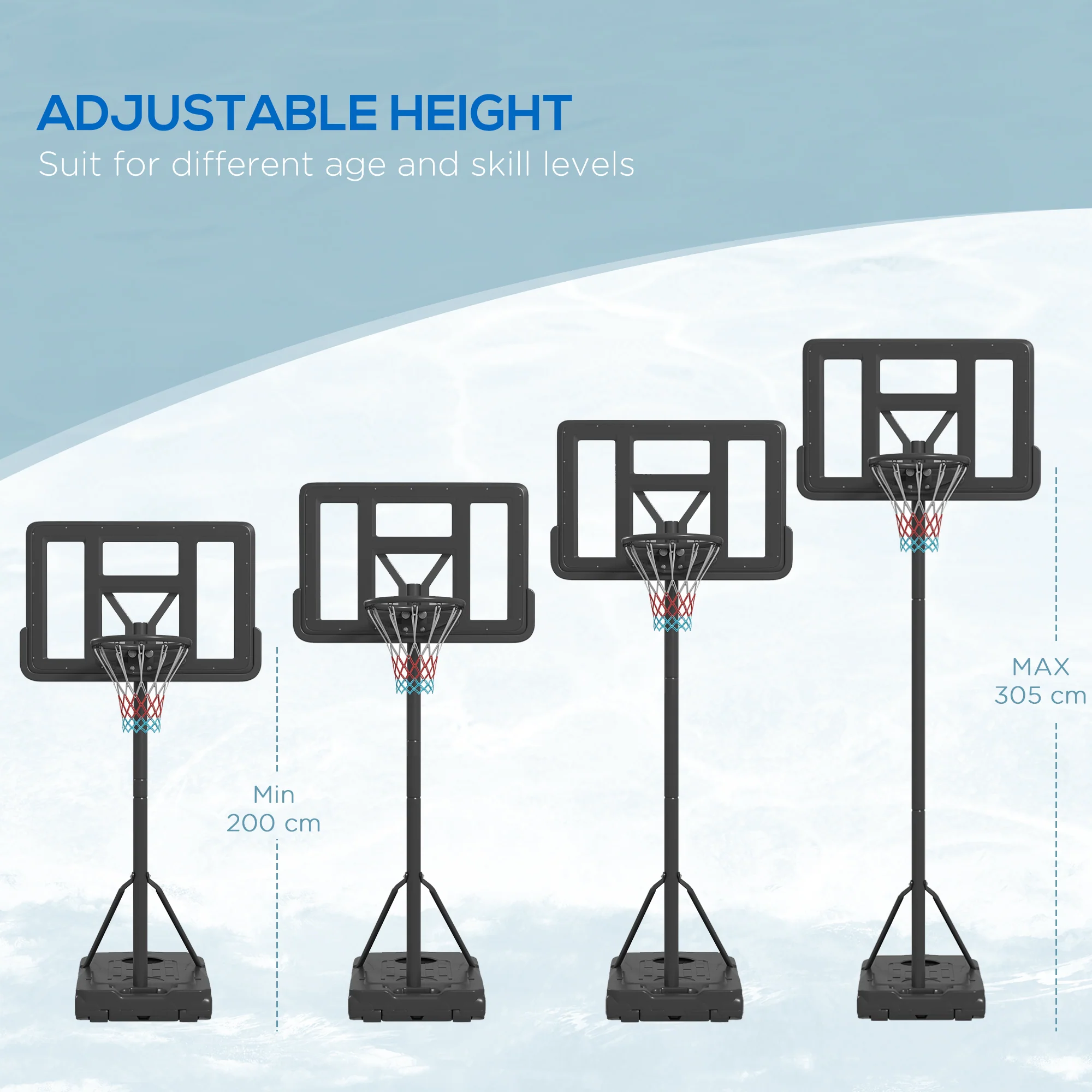 SPORTNOW Basketball Backboard Hoop Net Set With Wheels, 200-305cm, Black - Image 4