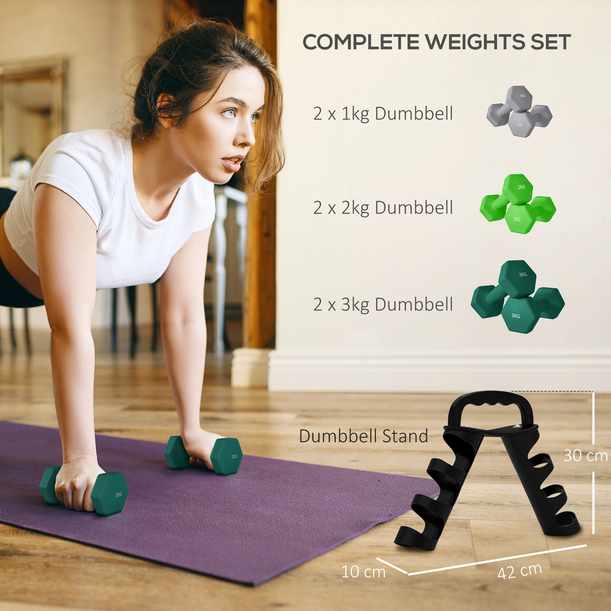 SPORTNOW Dumbbells Set with Carry Storage Rack, 2 x 1kg, 2 x 2kg, 2 x 3kg - Image 3