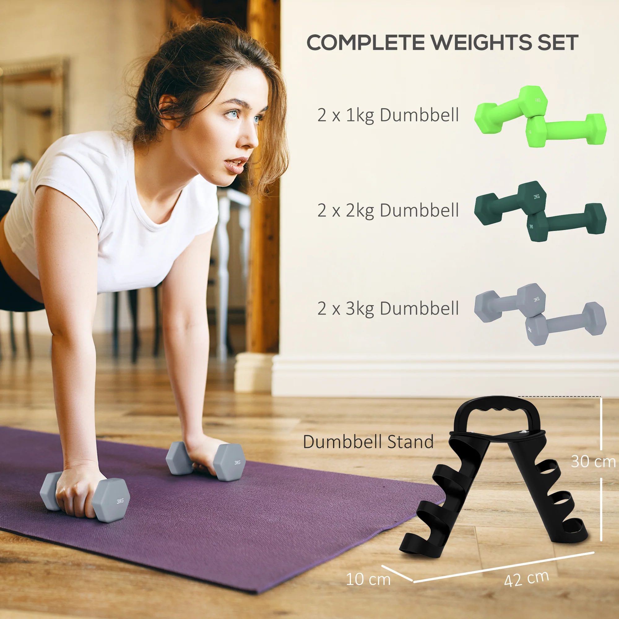 SPORTNOW Dumbbells Set With Storage Rack, 2 X 1kg, 2 X 2kg, 2 X 3kg, Green - Image 3