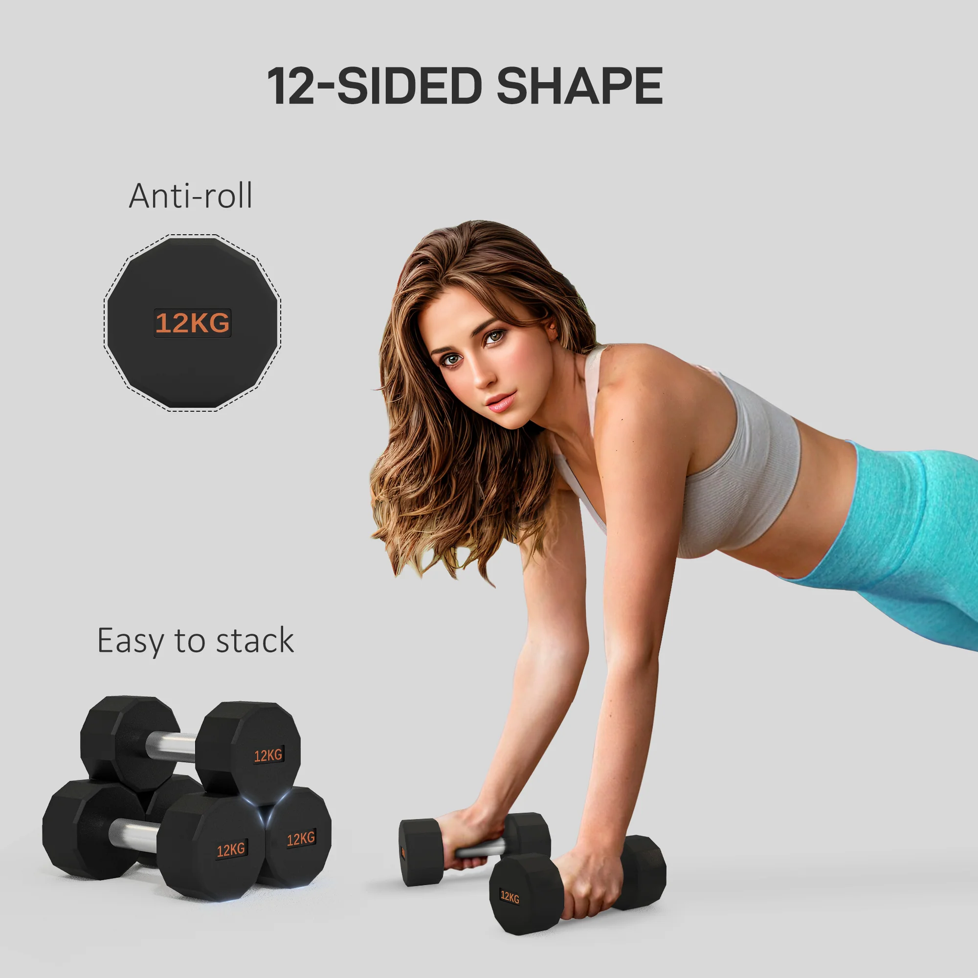 2 X 12kg SPORTNOW Dumbbells Weights Set With 12-Sided Shape And Non-Slip Grip - Image 3