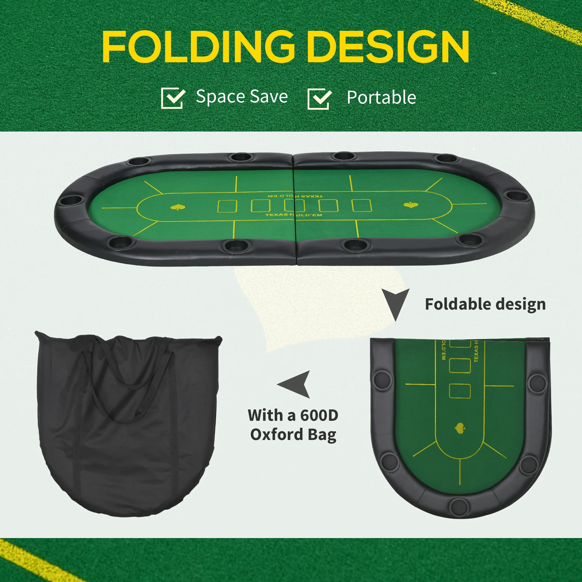 SPORTNOW Foldable Poker Mat, 10-Player Table Top With Cup Holders, Carry Bag - Image 3