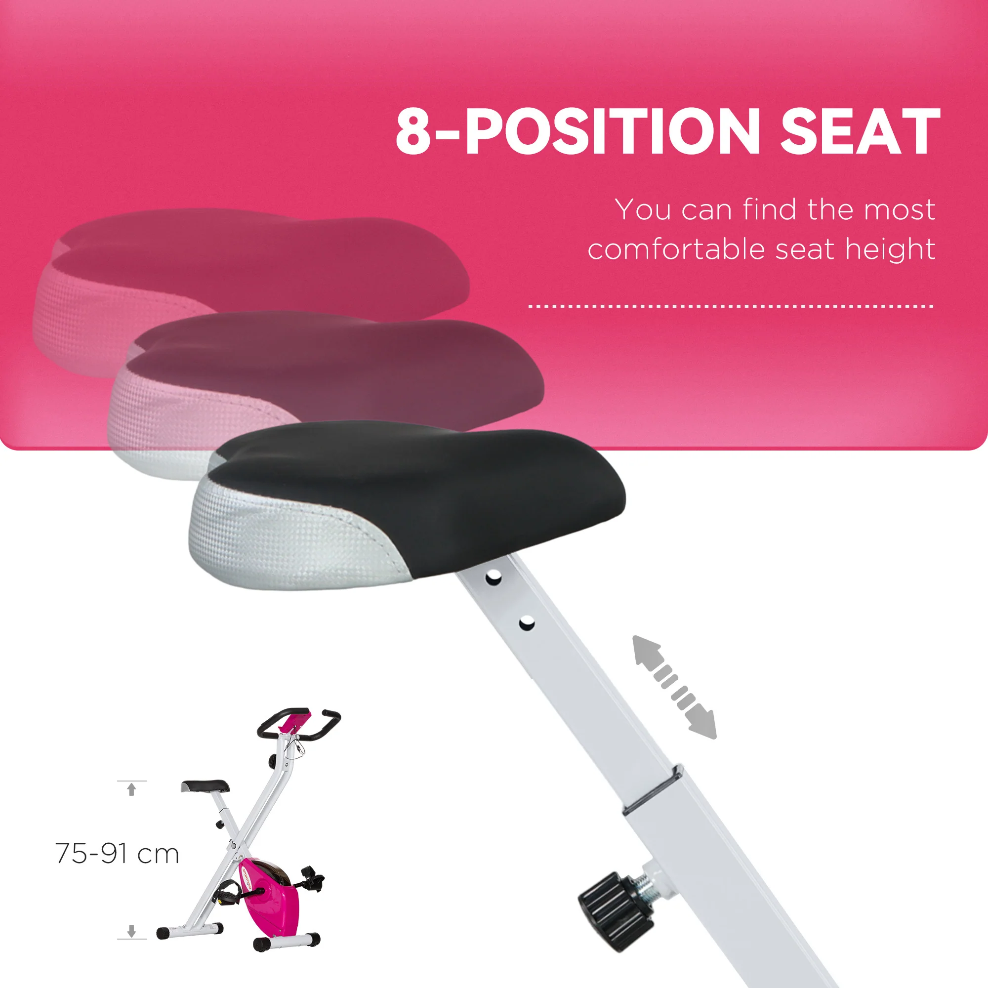 SPORTNOW Folding Exercise Bike With Heart-Rate Sensor For Home Use, Pink/White - Image 6