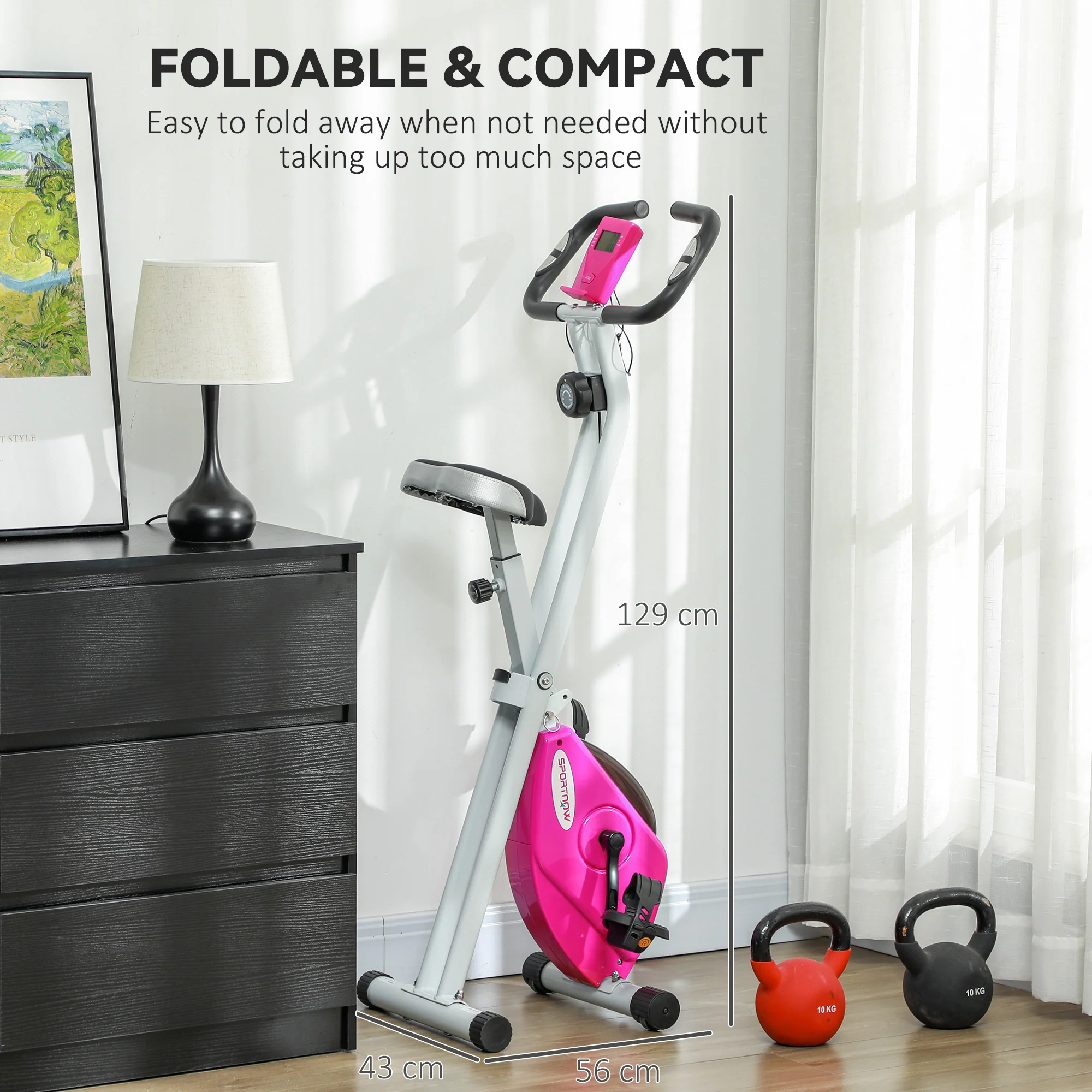 SPORTNOW Folding Exercise Bike With Heart-Rate Sensor For Home Use, Pink/White - Image 8