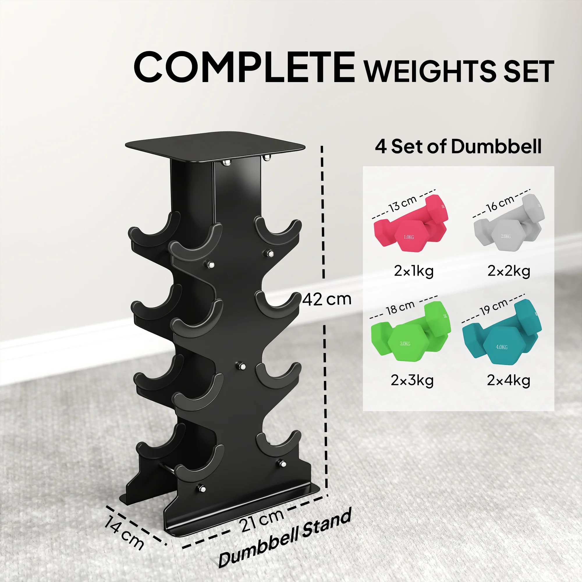SPORTNOW Hex Dumbbells Set With Dumbbell Rack, 1kg, 2kg, 3kg, 4kg Set - Image 4