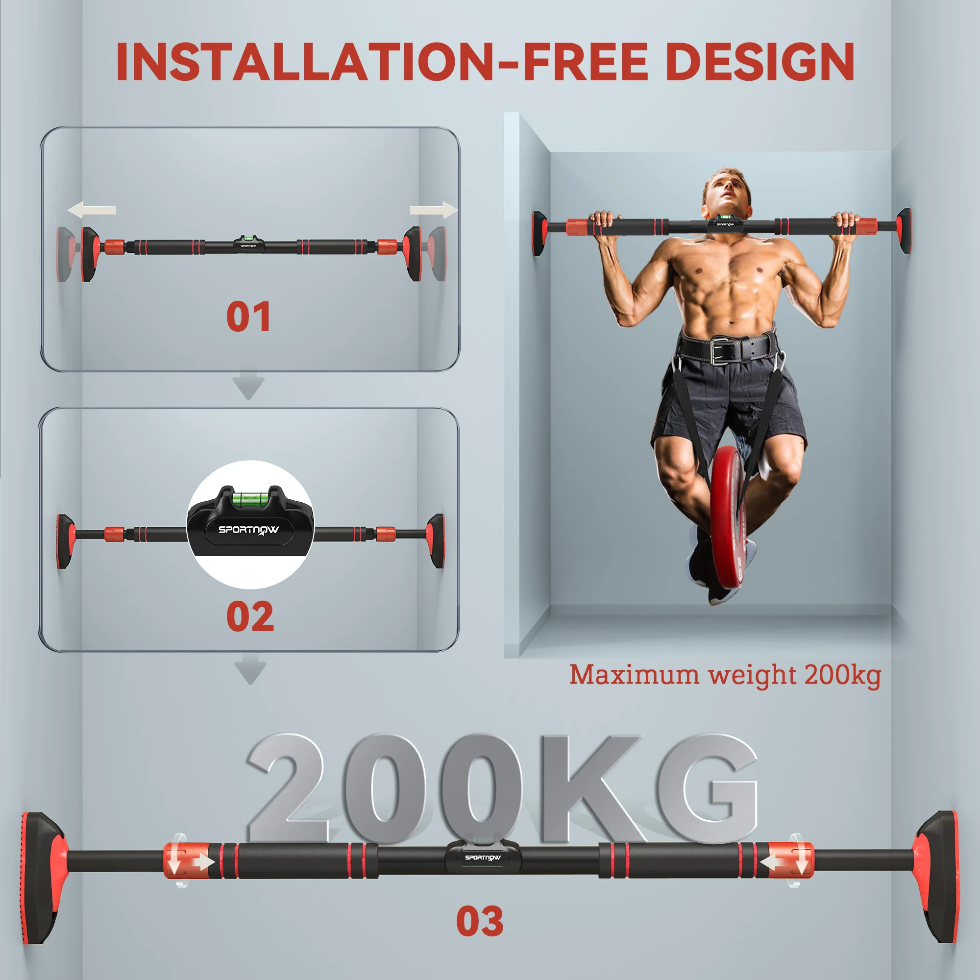 SPORTNOW Pull Up Bar Doorway From 96-130 Cm (37.8 Inch - 51.2 Inch), No Screws - Image 6