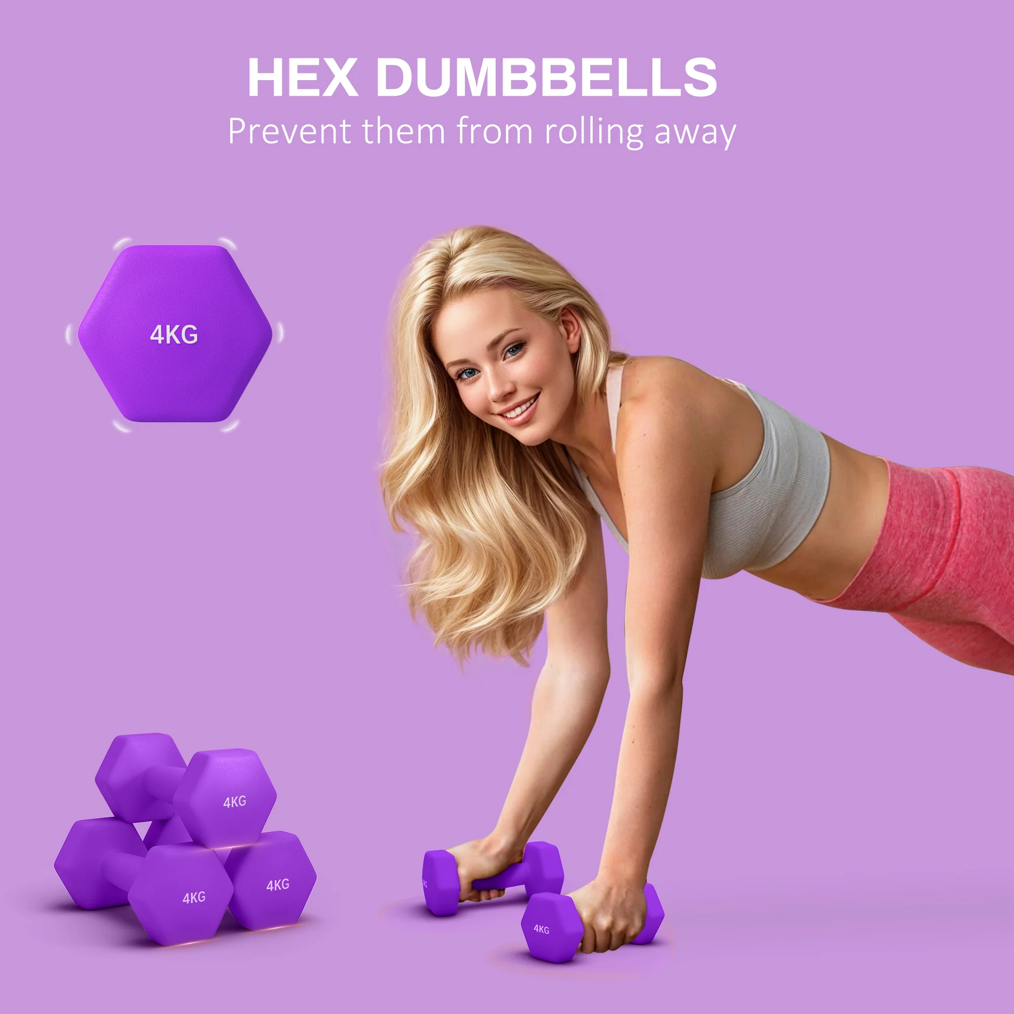 SPORTNOW Set Of 2 Hexagonal Dumbbells Weights Pair, 2 X 4kg, Purple - Image 3