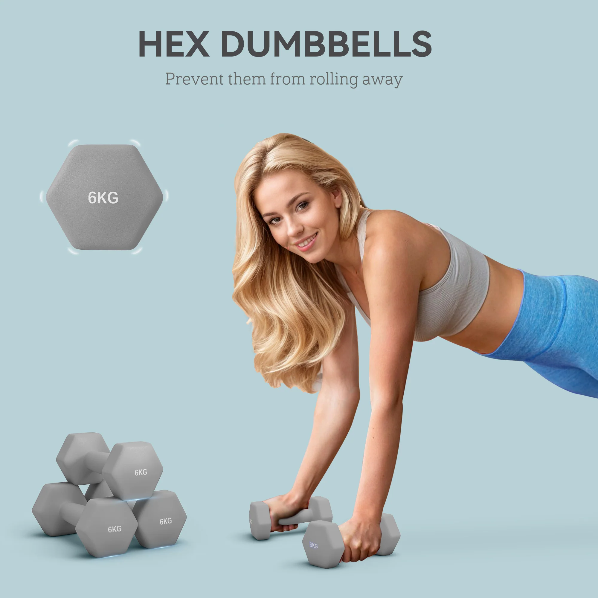 SPORTNOW Set of 2 Hexagonal Dumbbells Weights Pair, 2 x 6kg, Grey - Image 3
