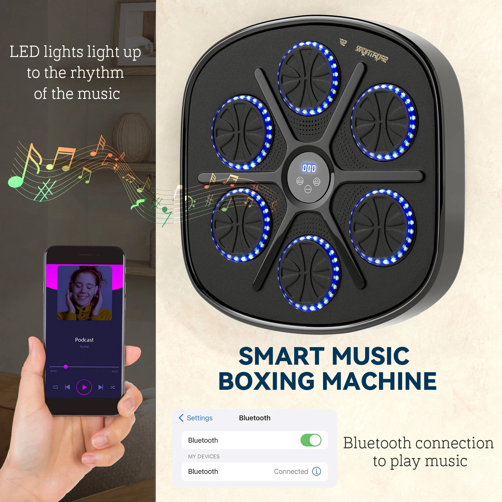 SPORTNOW Smart Bluetooth Boxing Machine Wall Mounted with 9 Speeds & Modes - Image 4