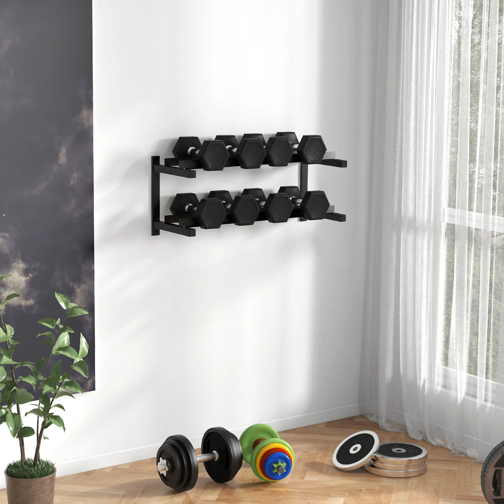 SPORTNOW Wall-Mounted Dumbbell Rack, 2-Tier Steel Design, Black - Image 2