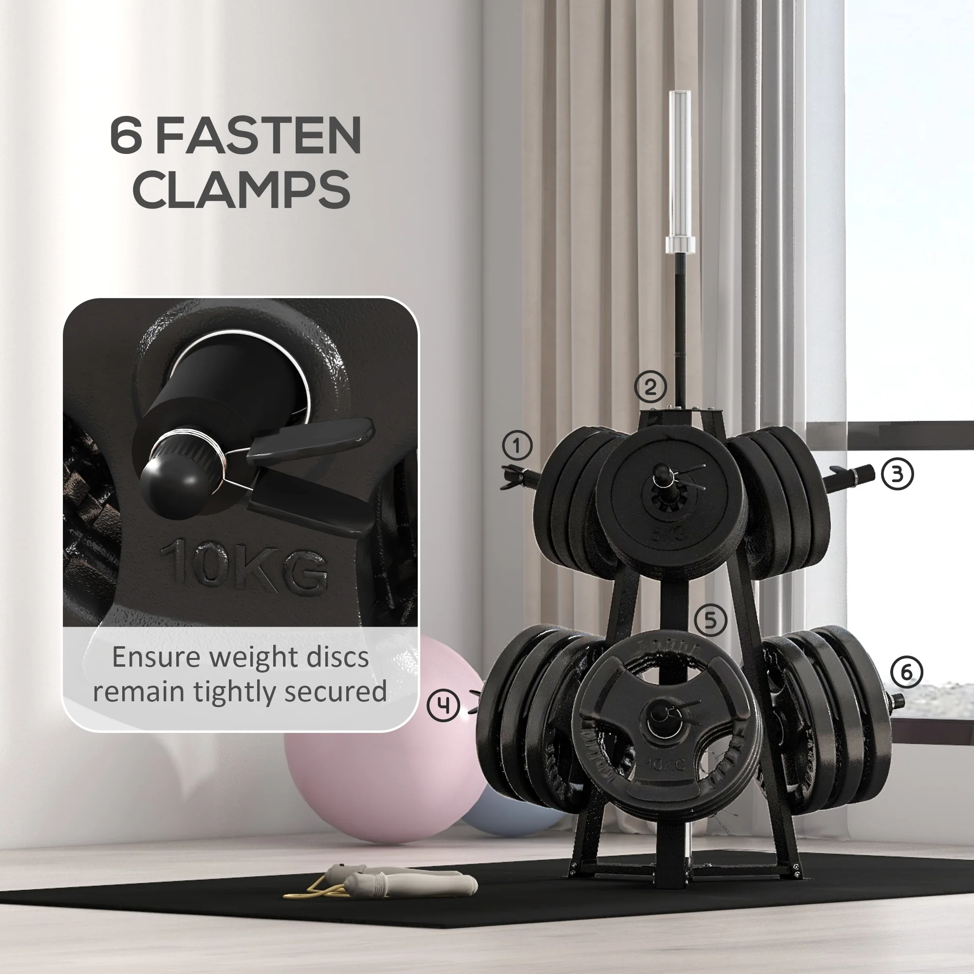 SPORTNOW Weight Plate Storage Rack with 6 Fasten Clamps, Max Load 300kg - Image 4