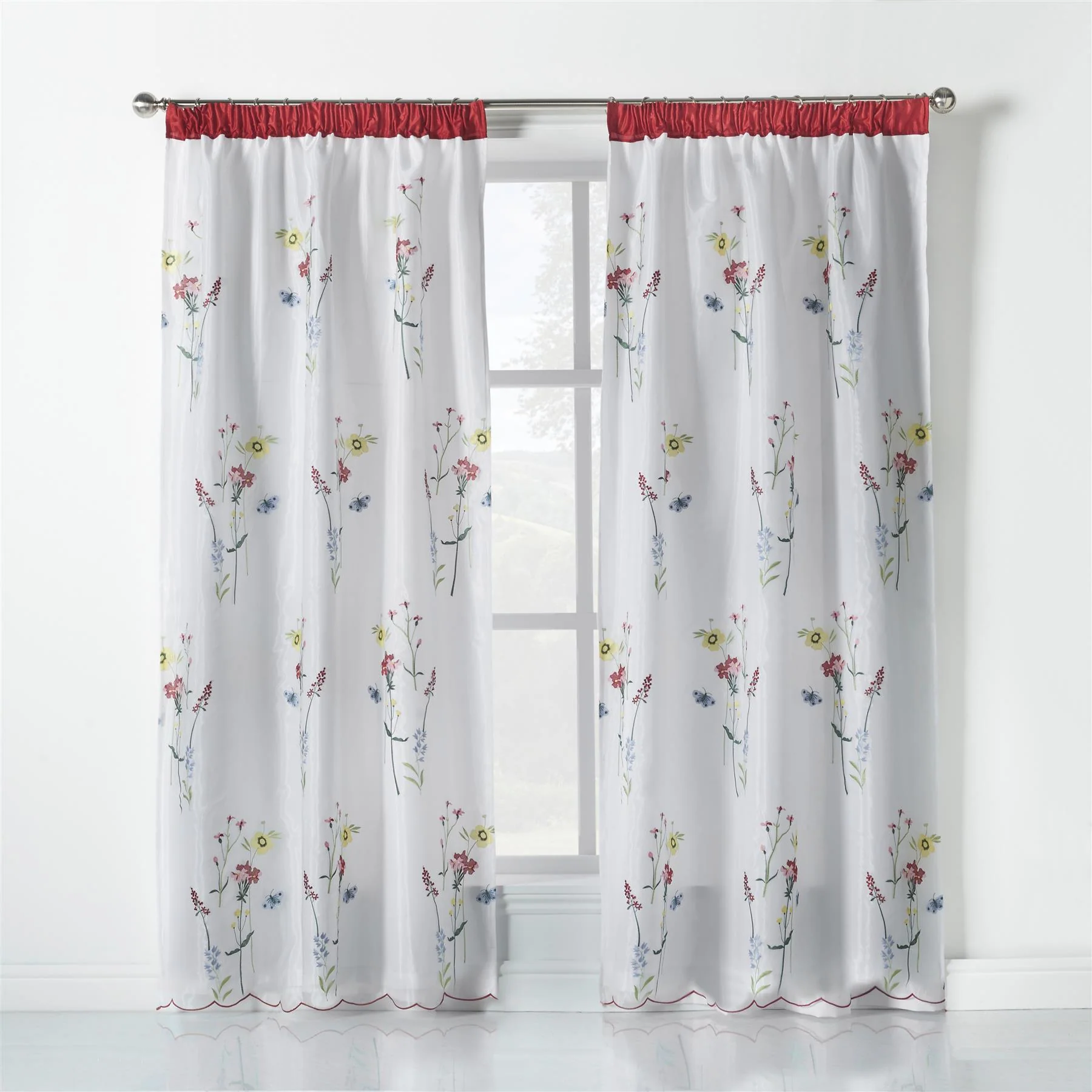 Spring Embroidered Lined Voile Pencil Pleat Taped Top Curtains