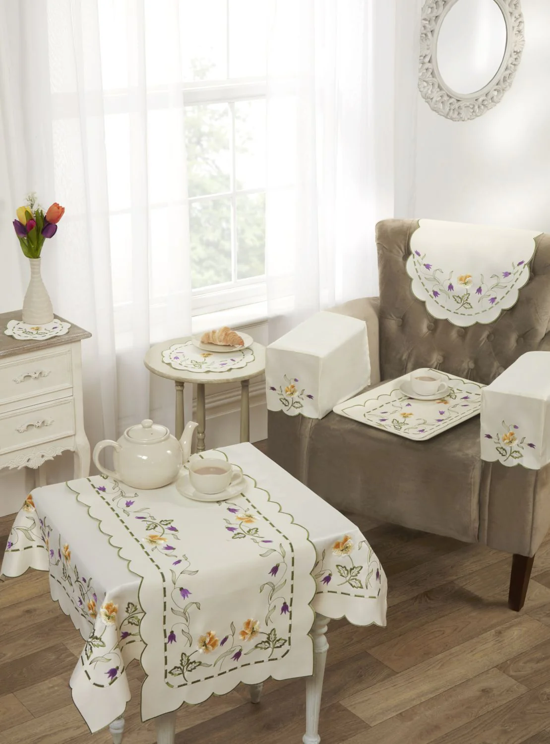 Spring Embroidered Table Cloth in Cream