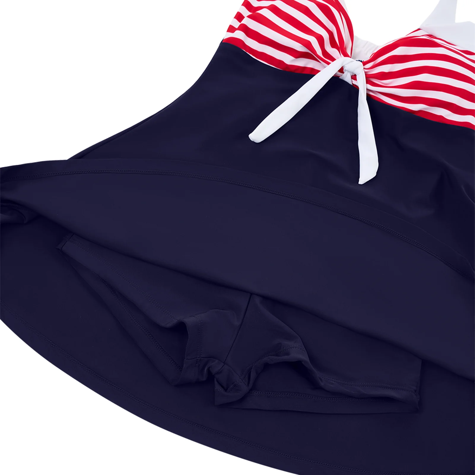 Tummy Control One-Piece Swimsuit Swim Dress Navy Blue & Red Stripe - Image 4