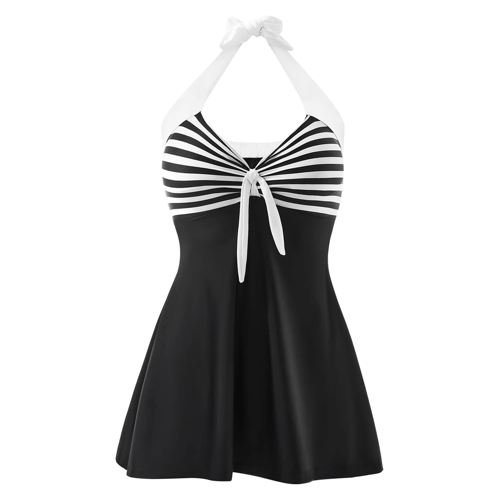 Tummy Control One-Piece Swimsuit Swim Dress Black & White Stripe