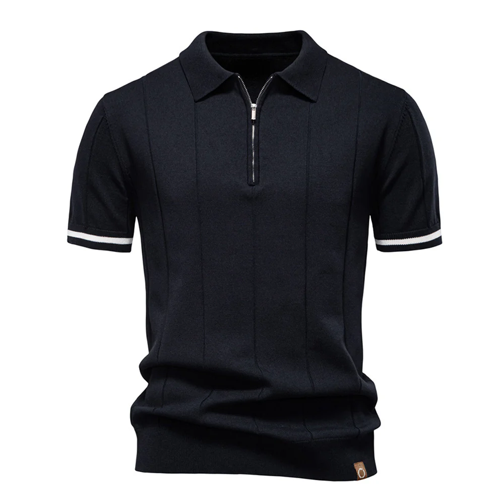 Turn-Down Short-Sleeve Polo Shirt Black Zip - Image 2
