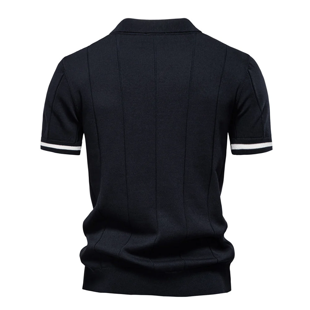 Turn-Down Short-Sleeve Polo Shirt Black Zip - Image 3