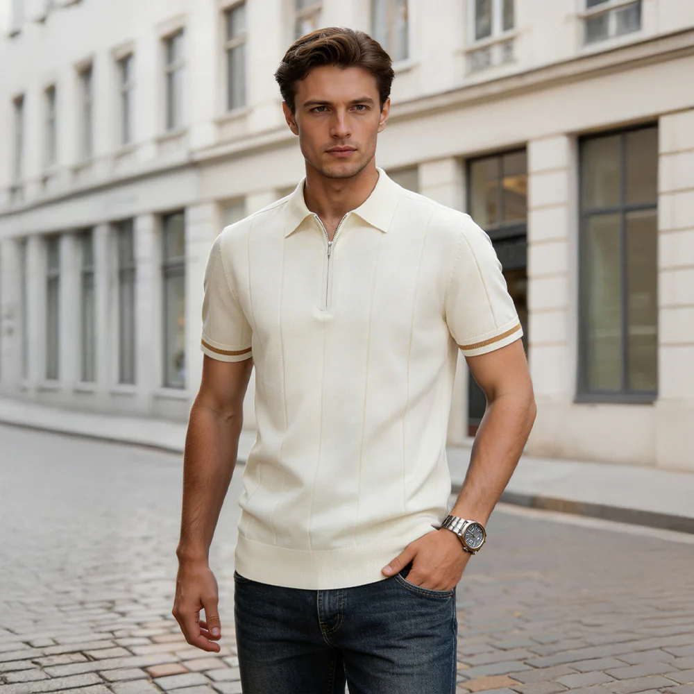 Turn-Down Short-Sleeve Polo Shirt Cream Zip