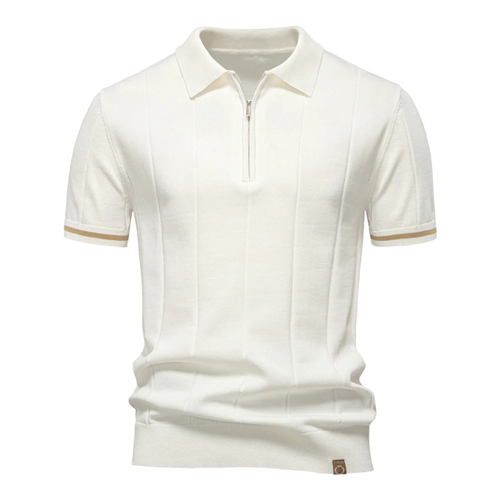 Turn-Down Short-Sleeve Polo Shirt Cream Zip - Image 2
