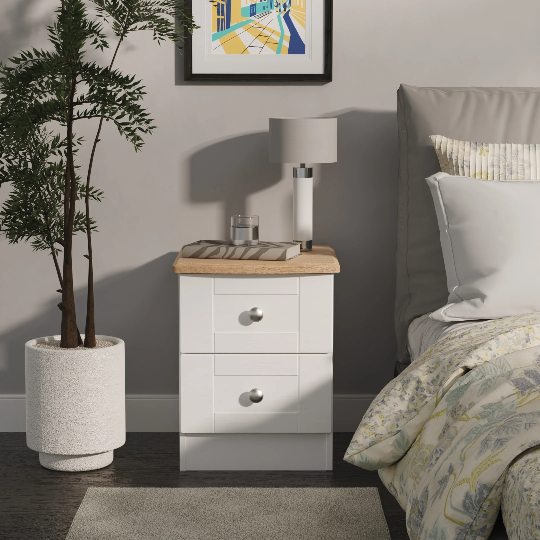 Tutbury Ready Assembled 2 Drawer Bedside Cabinet in White Ash & Bardolino Oak - Image 2