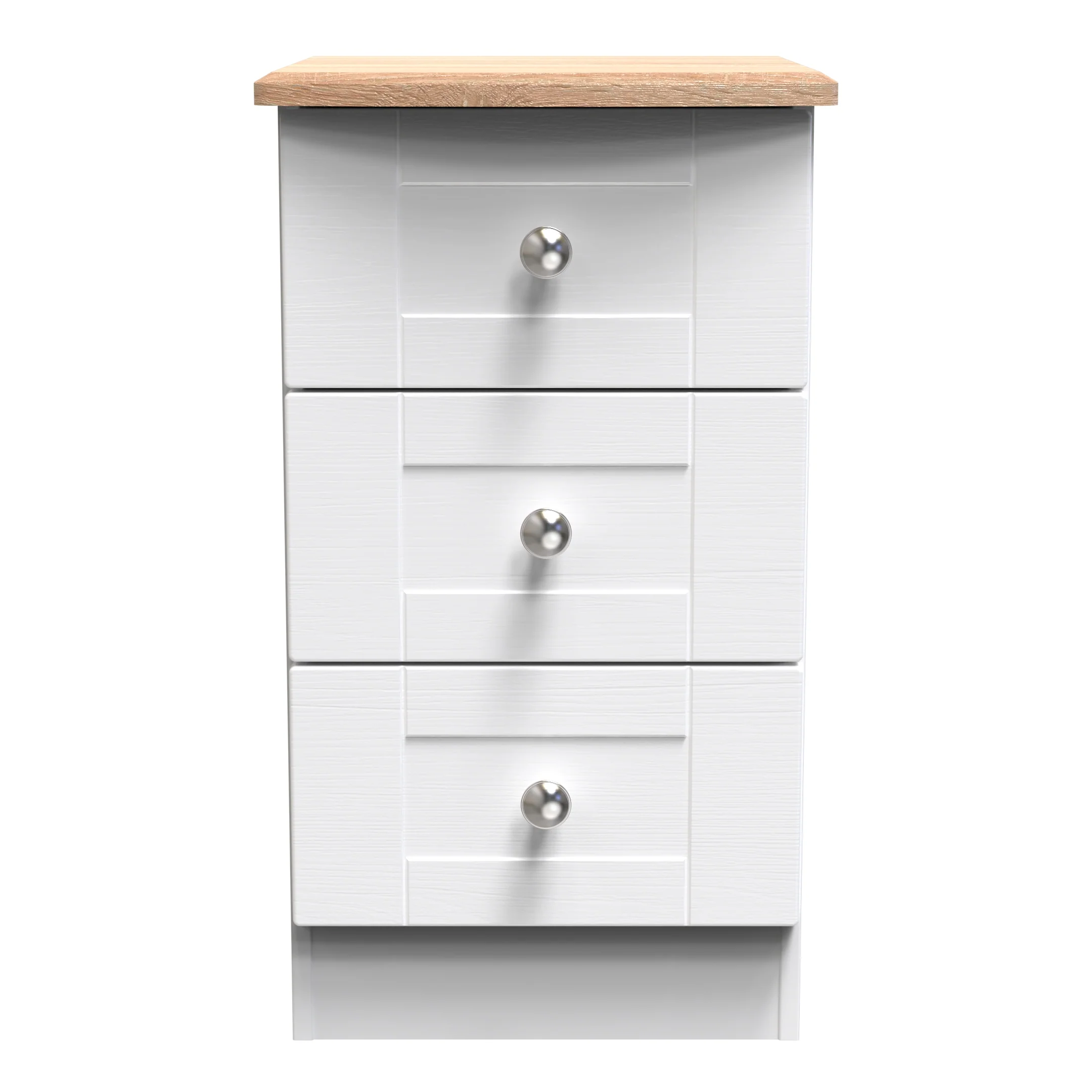 Tutbury Ready Assembled 3 Drawer Bedside Cabinet in White Ash & Bardolino Oak - Image 2