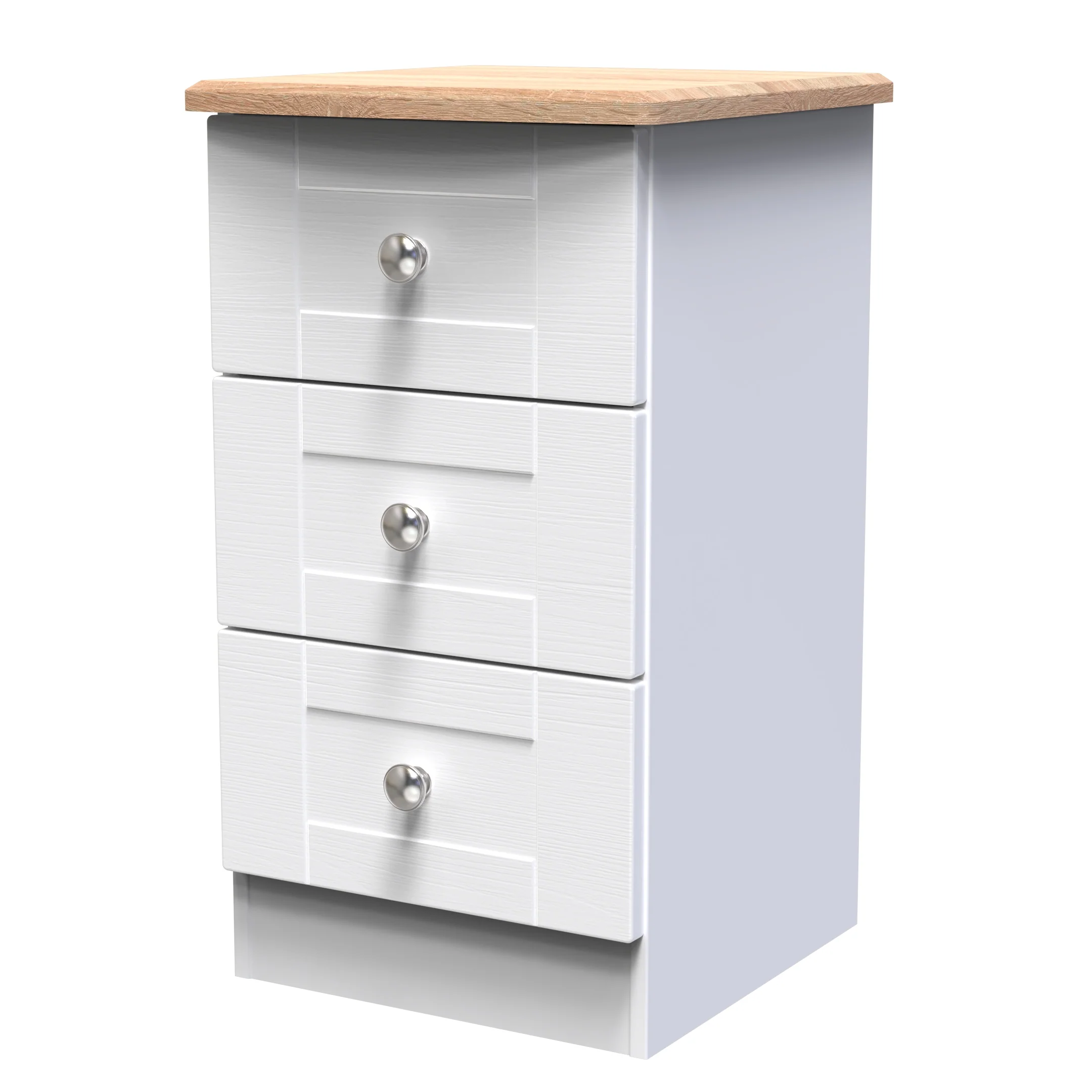 Tutbury Ready Assembled 3 Drawer Bedside Cabinet in White Ash & Bardolino Oak - Image 4