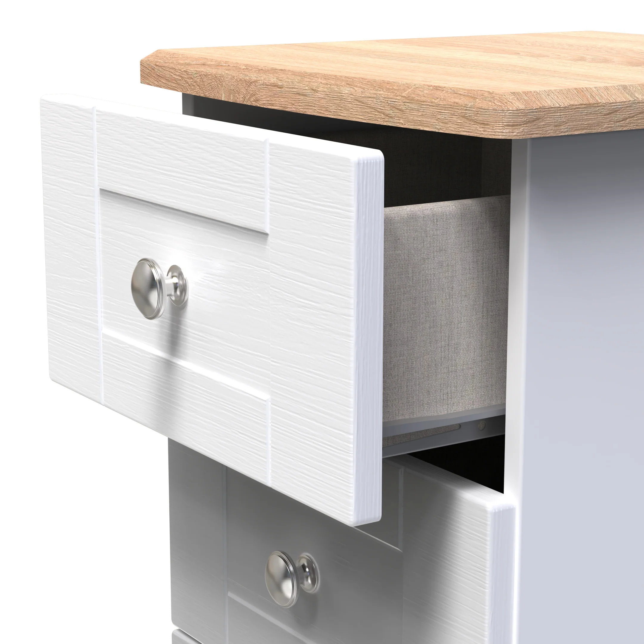 Tutbury Ready Assembled 3 Drawer Bedside Cabinet in White Ash & Bardolino Oak - Image 6