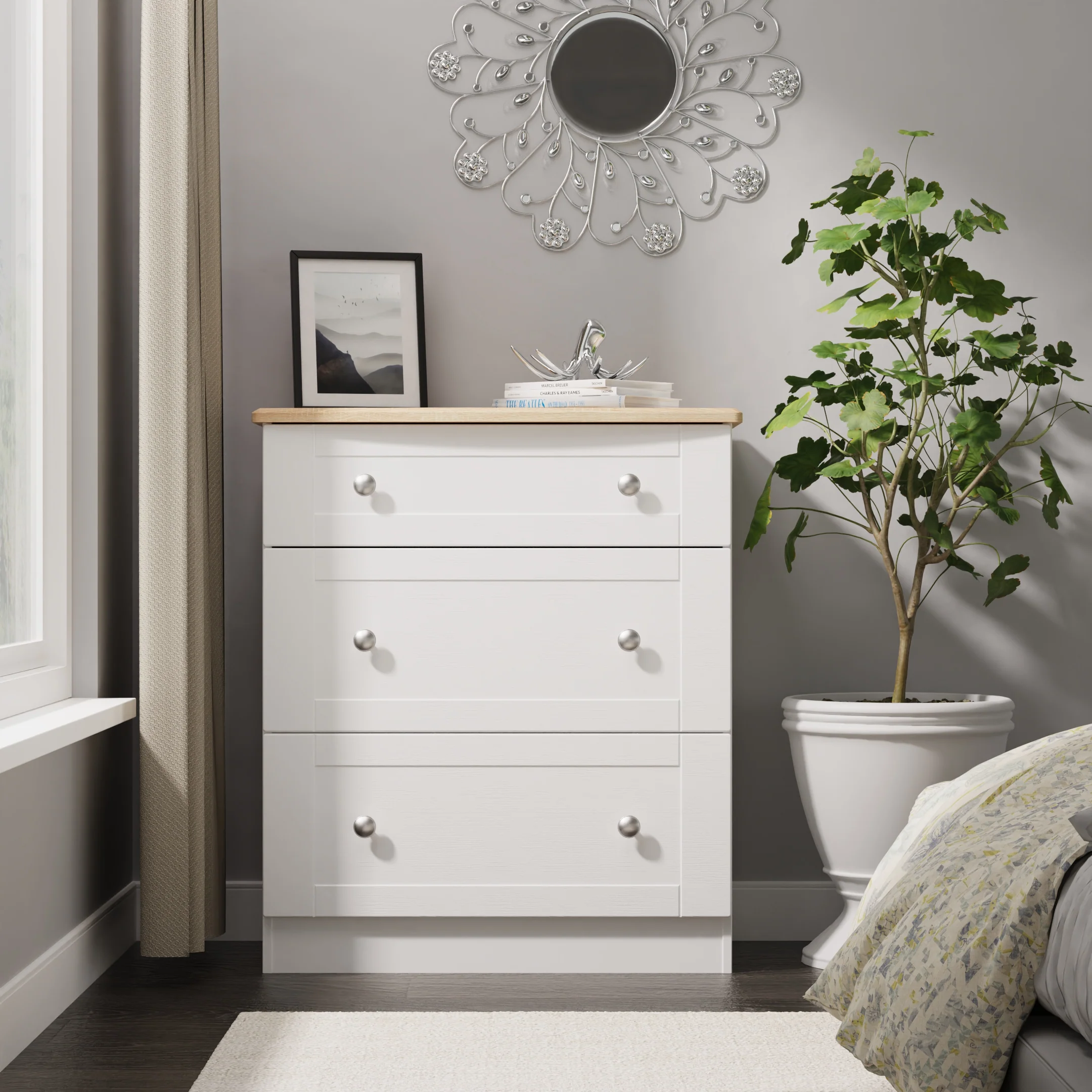 Tutbury Ready Assembled 3 Drawer Deep Chest in White Ash & Bardolino Oak