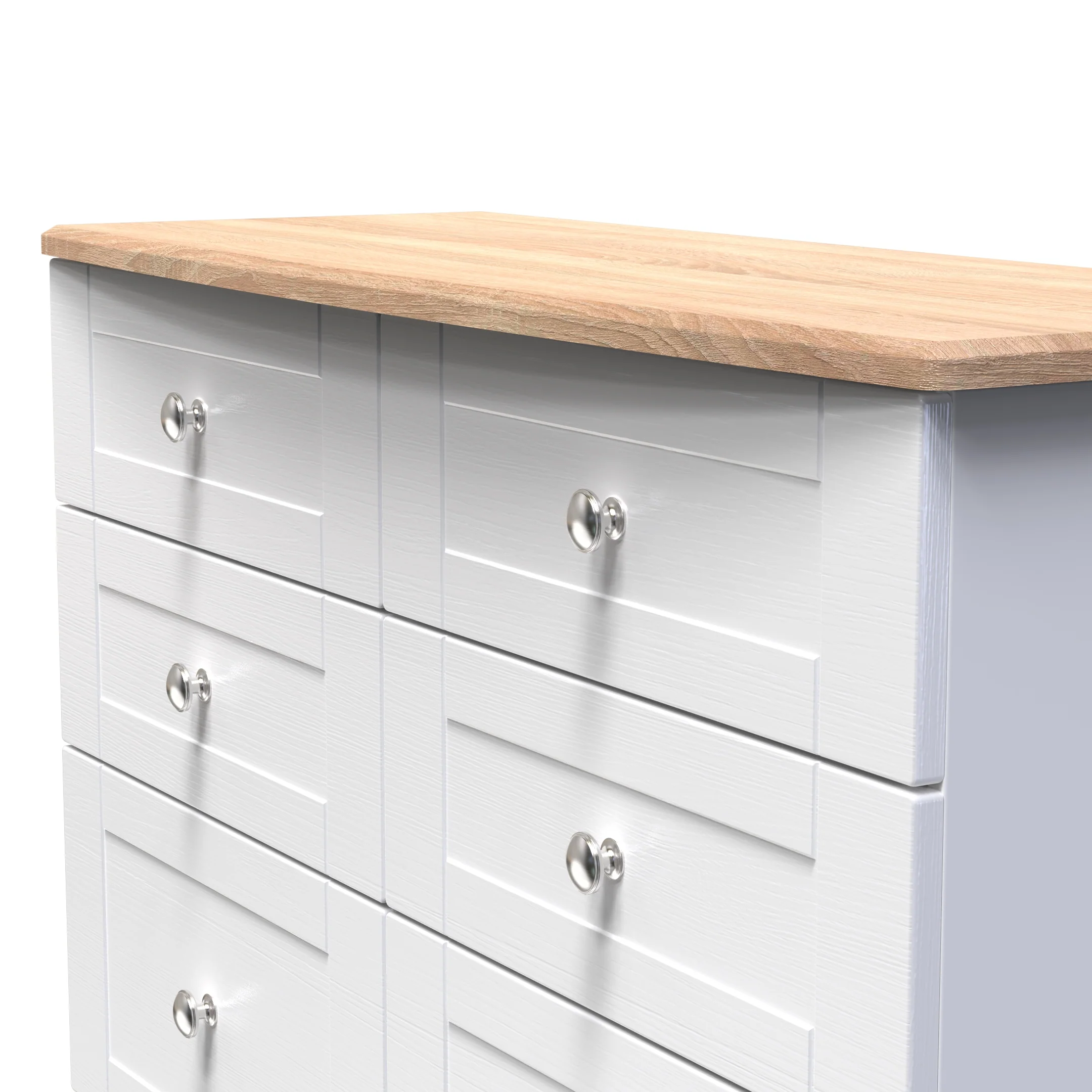 Tutbury Ready Assembled 6 Drawer Wide Chest in White Ash & Bardolino Oak - Image 5
