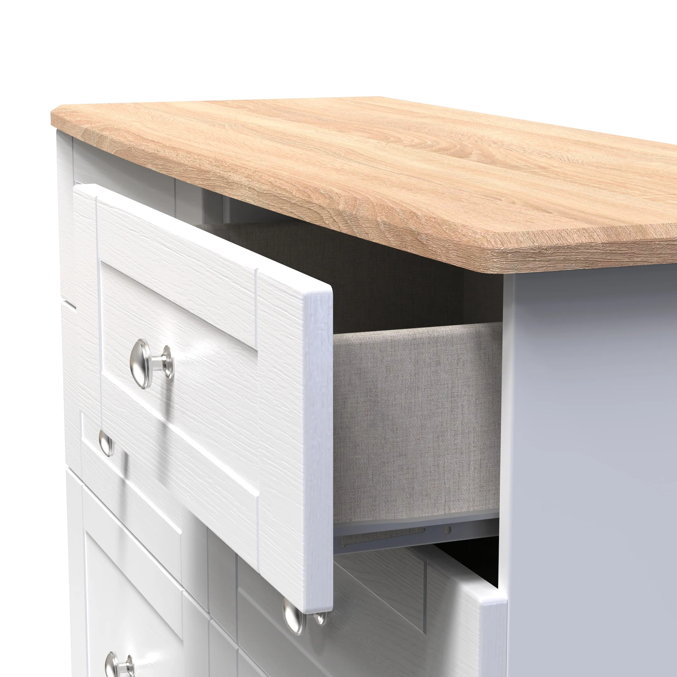 Tutbury Ready Assembled 6 Drawer Wide Chest in White Ash & Bardolino Oak - Image 6