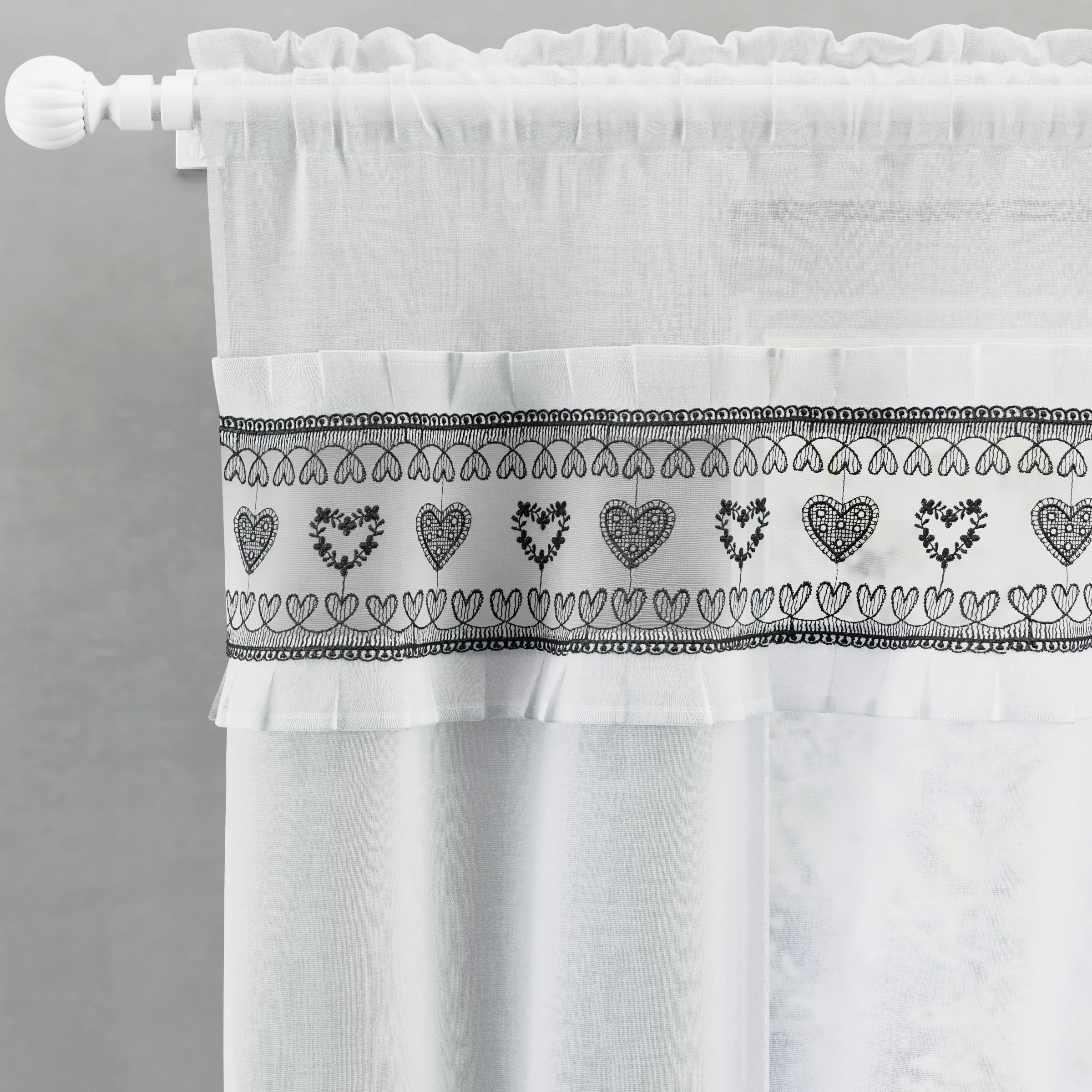 Tyrone Textiles Lucy Black Embroidered Heart Kitchen Window Set Curtain Pair With Frill Edging And Matching Tie Backs - Image 2