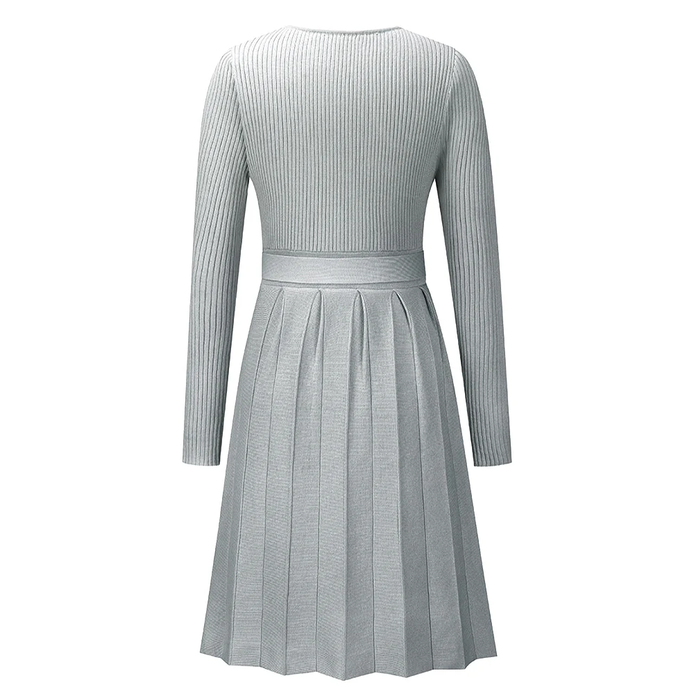 V Neck Knitted Long Sleeves A-line Dress - Image 5