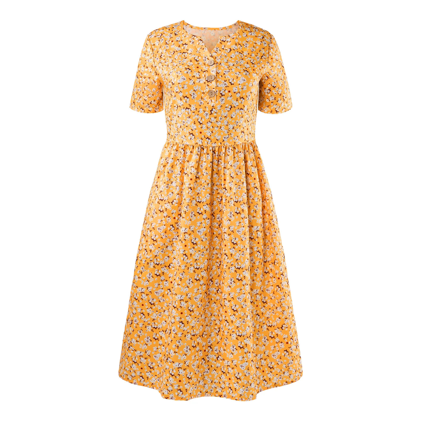 V-Neck Short Sleeve Summer Midi Dress with Pockets