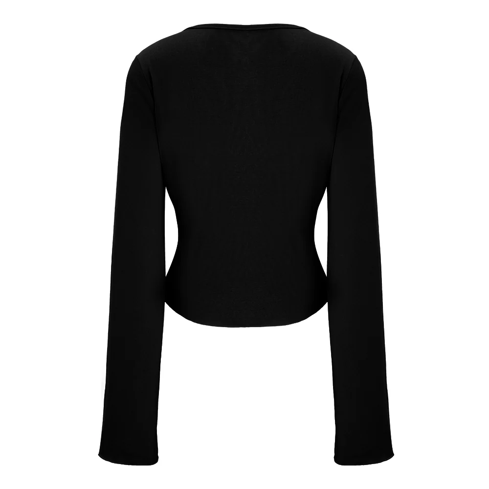 V-Neck Twist Front Top With Long Bell Sleeves - Black - Image 3