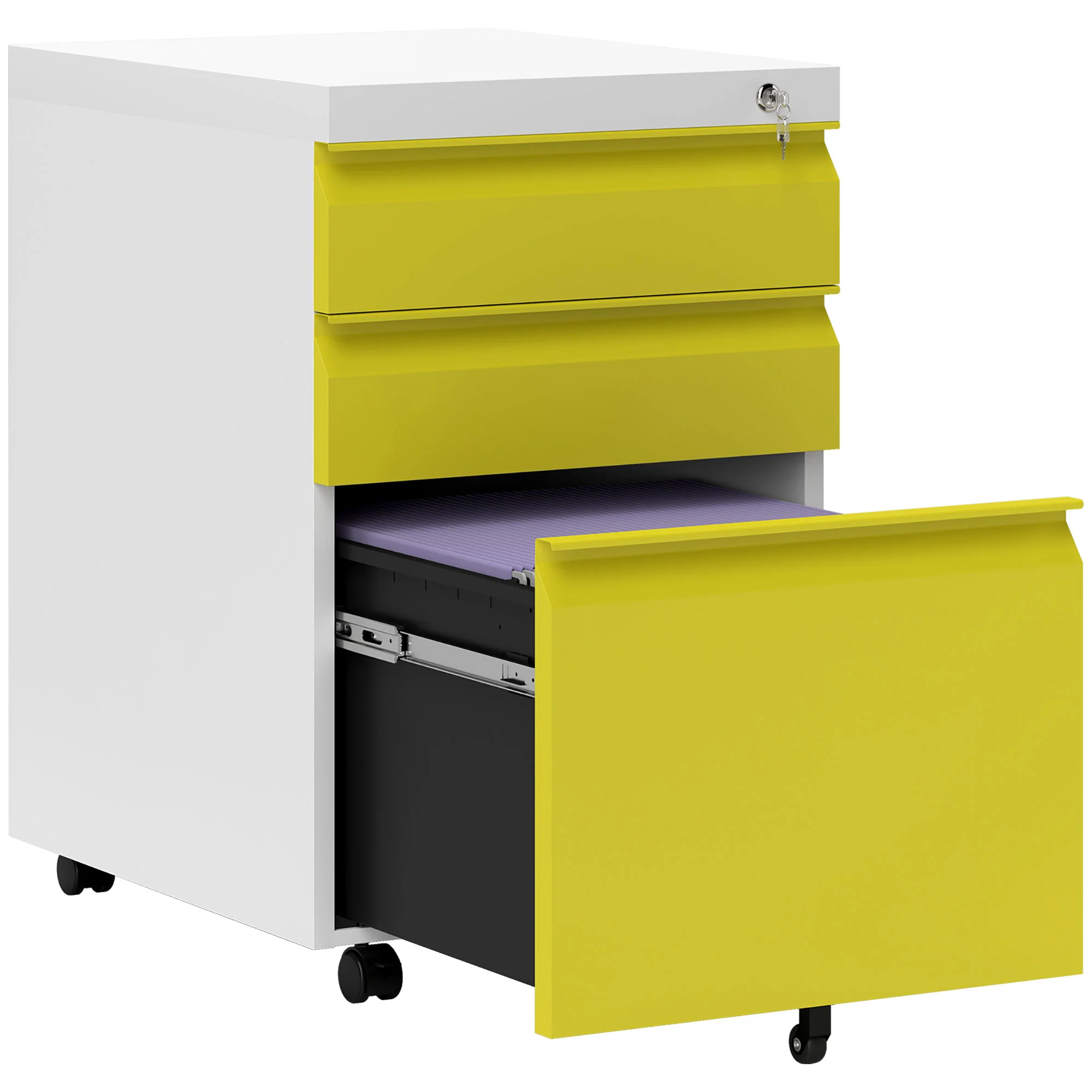 Vinsetto 3 Drawer File Cabinet, Lockable Metal Filling Cabinet - Yellow/Grey/Green