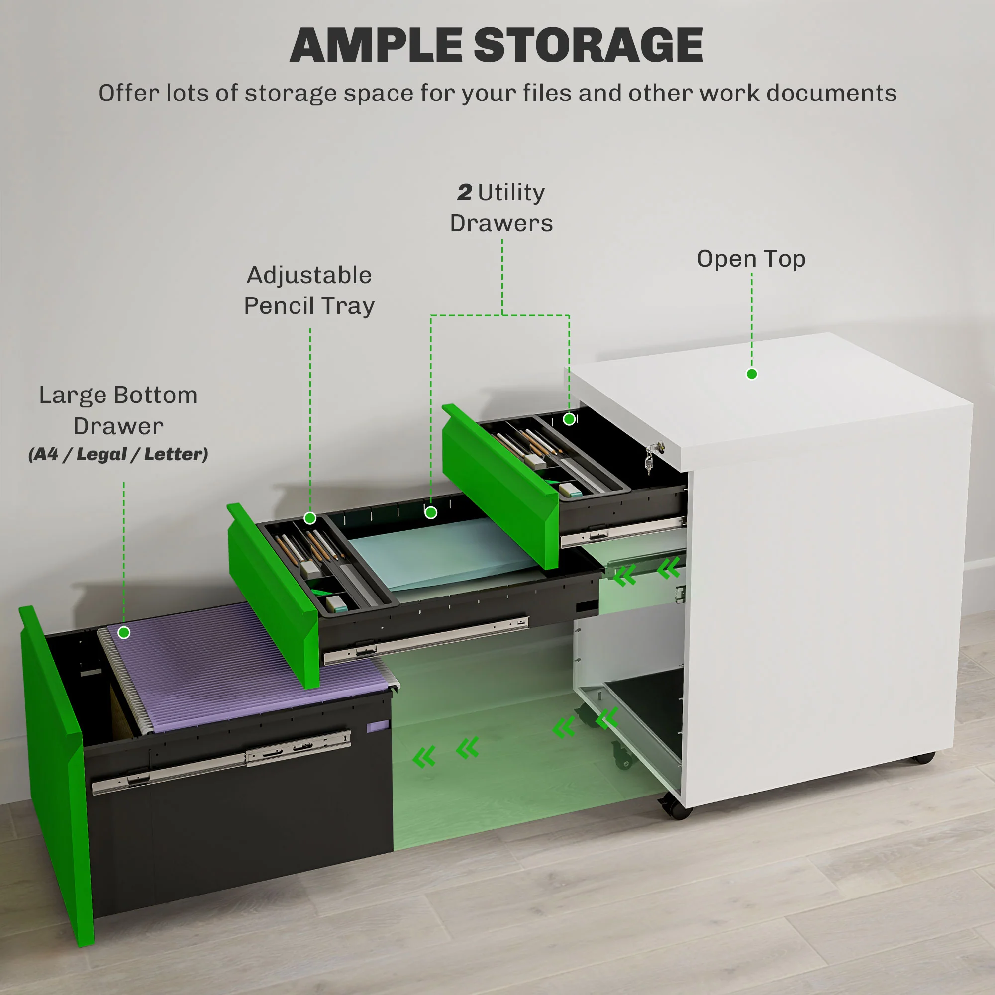 Vinsetto 3 Drawer File Cabinet, Lockable Metal Filling Cabinet - Yellow/Grey/Green - Image 13