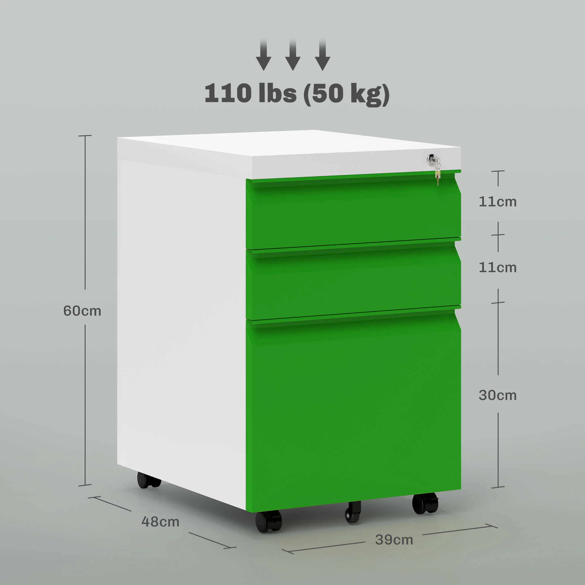 Vinsetto 3 Drawer File Cabinet, Lockable Metal Filling Cabinet - Yellow/Grey/Green - Image 15