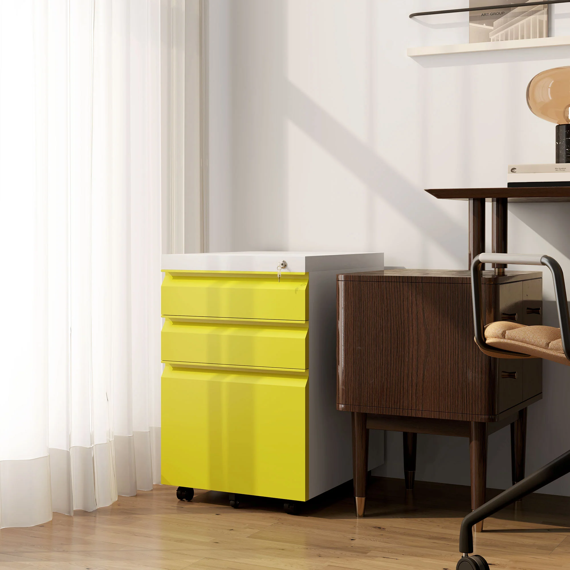 Vinsetto 3 Drawer File Cabinet, Lockable Metal Filling Cabinet - Yellow/Grey/Green - Image 2