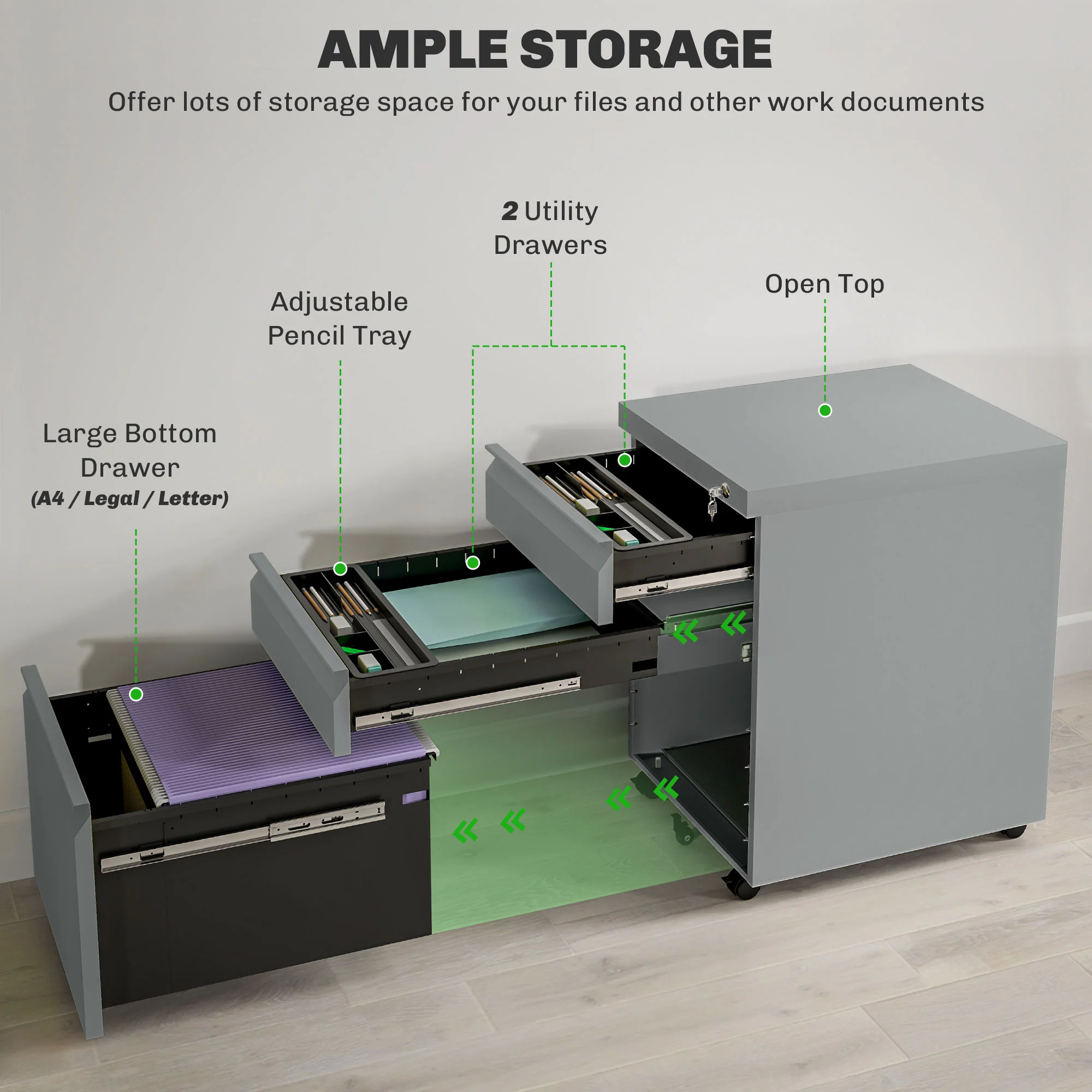 Vinsetto 3 Drawer File Cabinet, Lockable Metal Filling Cabinet - Yellow/Grey/Green - Image 21