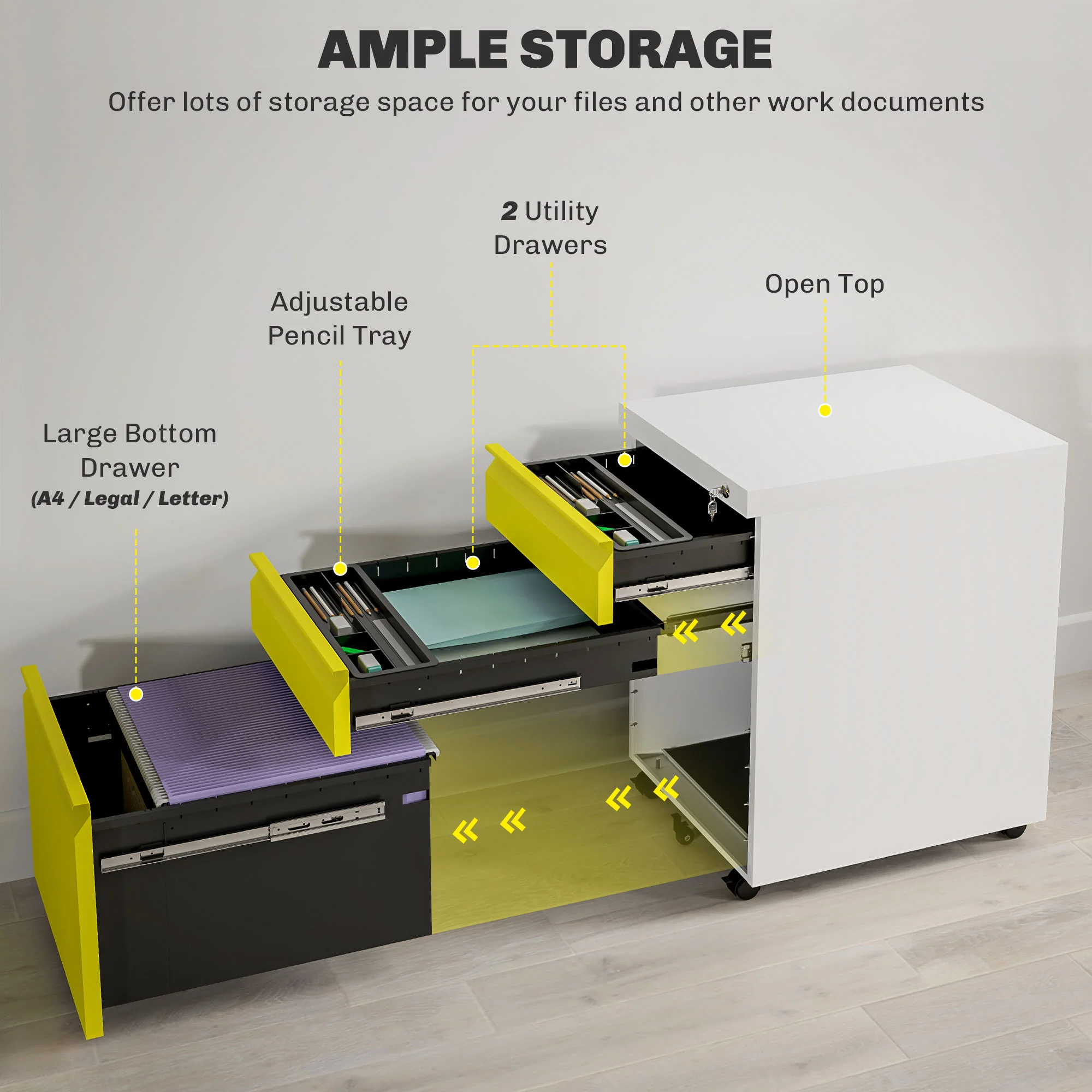 Vinsetto 3 Drawer File Cabinet, Lockable Metal Filling Cabinet - Yellow/Grey/Green - Image 3