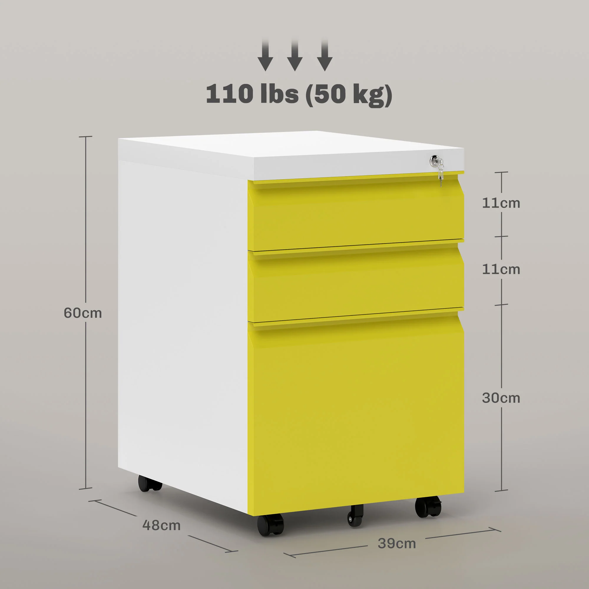 Vinsetto 3 Drawer File Cabinet, Lockable Metal Filling Cabinet - Yellow/Grey/Green - Image 5