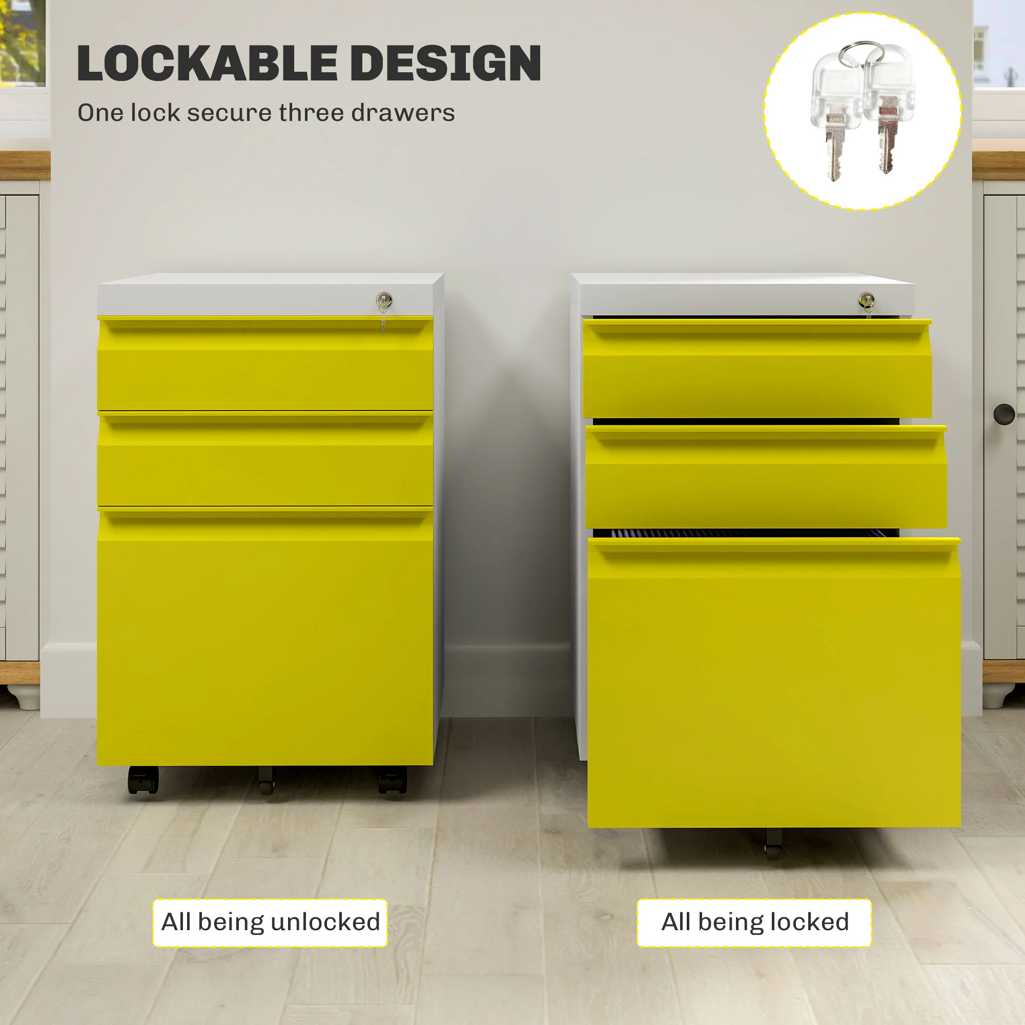 Vinsetto 3 Drawer File Cabinet, Lockable Metal Filling Cabinet - Yellow/Grey/Green - Image 6