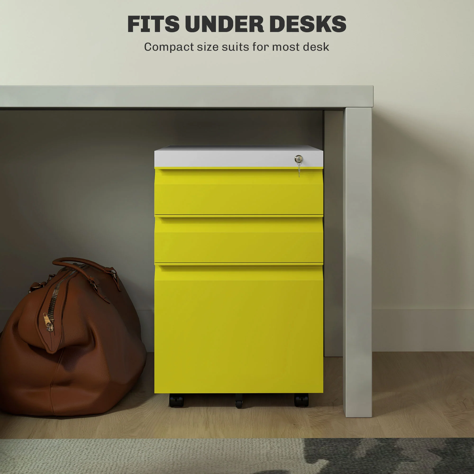 Vinsetto 3 Drawer File Cabinet, Lockable Metal Filling Cabinet - Yellow/Grey/Green - Image 7