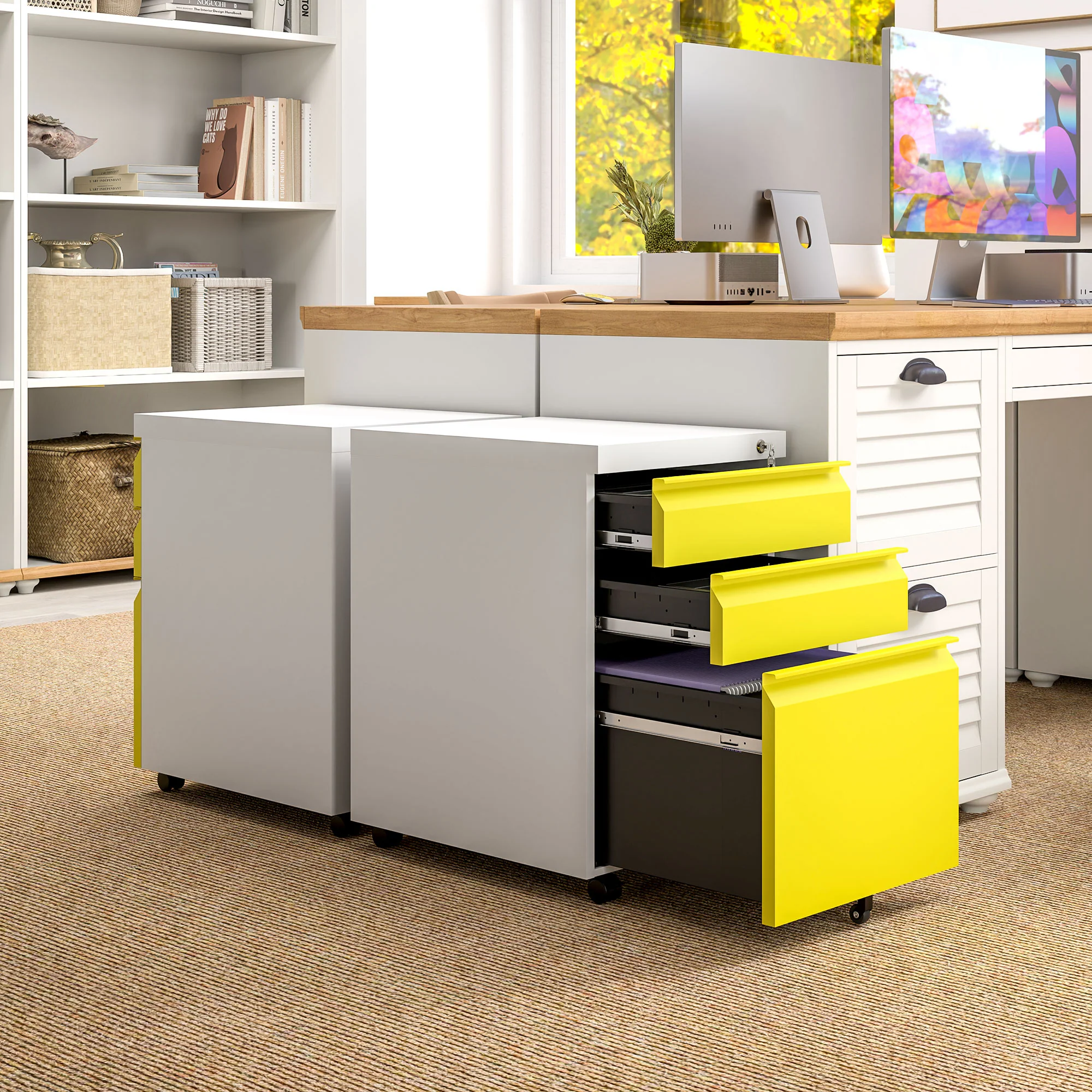Vinsetto 3 Drawer File Cabinet, Lockable Metal Filling Cabinet - Yellow/Grey/Green - Image 8