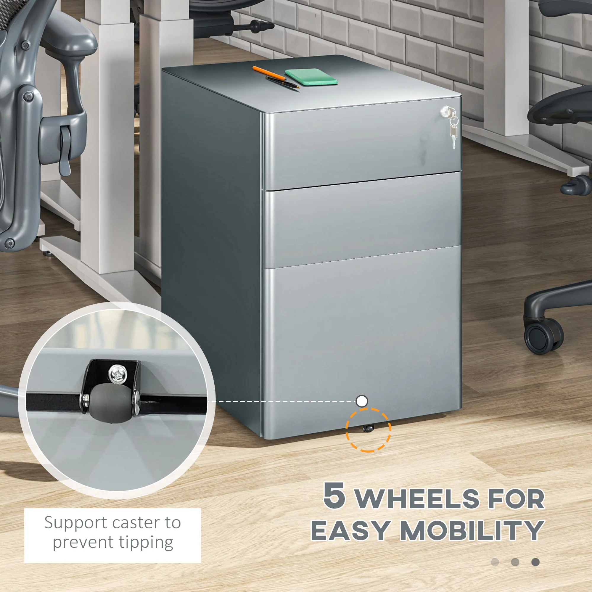Vinsetto 3 Drawer Metal Filing Cabinet Lockable 5 Wheels Compact Under Desk Grey - Image 6