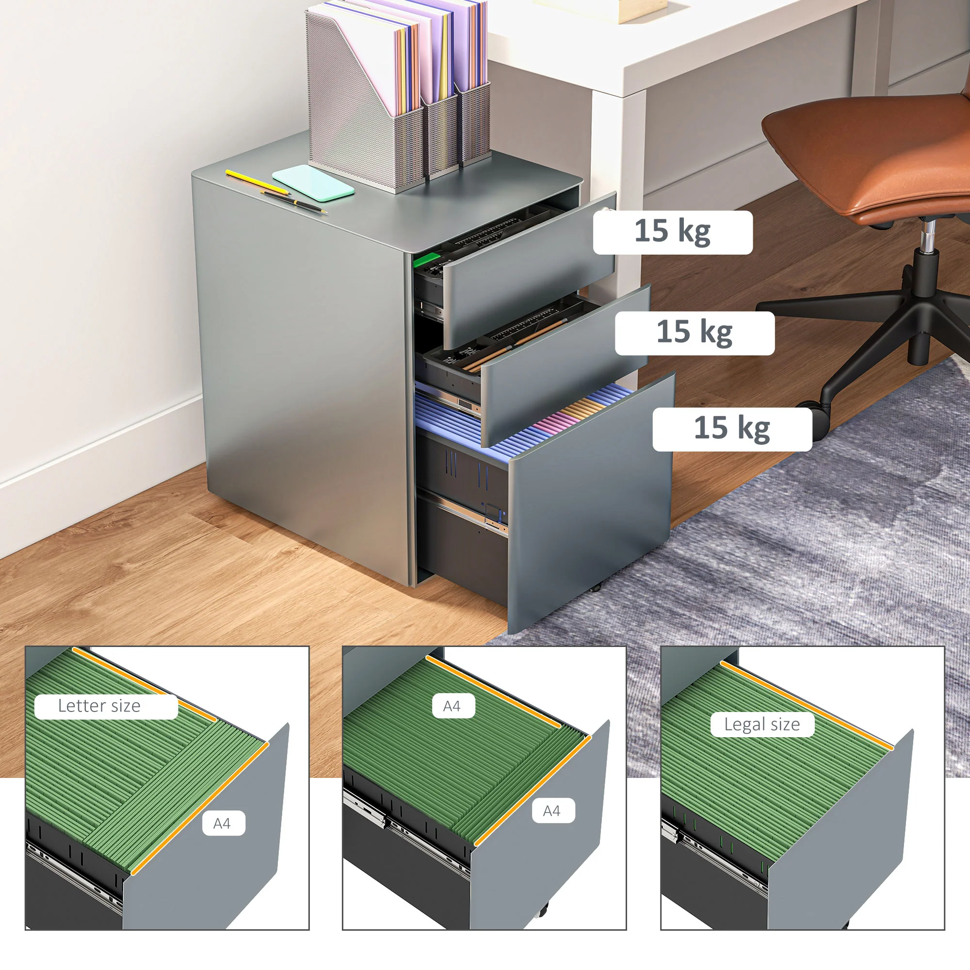 Vinsetto 3 Drawer Metal Filing Cabinet Lockable 5 Wheels Compact Under Desk Grey - Image 8