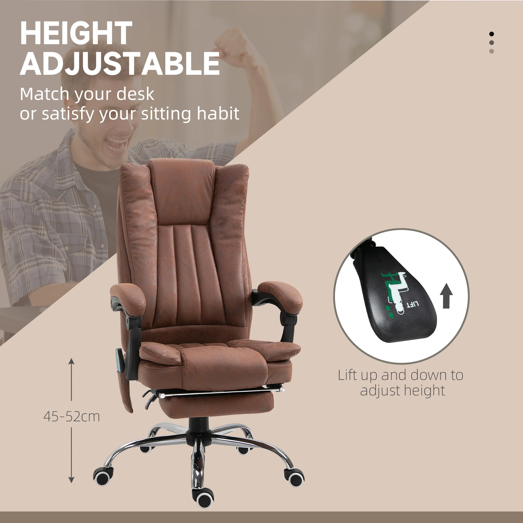 Vinsetto 6-Point Vibrating Heat Massage Chair W/ Microfibre Upholstery - Dark Brown/Light Brown/Charcoal Grey/Cream - Image 14