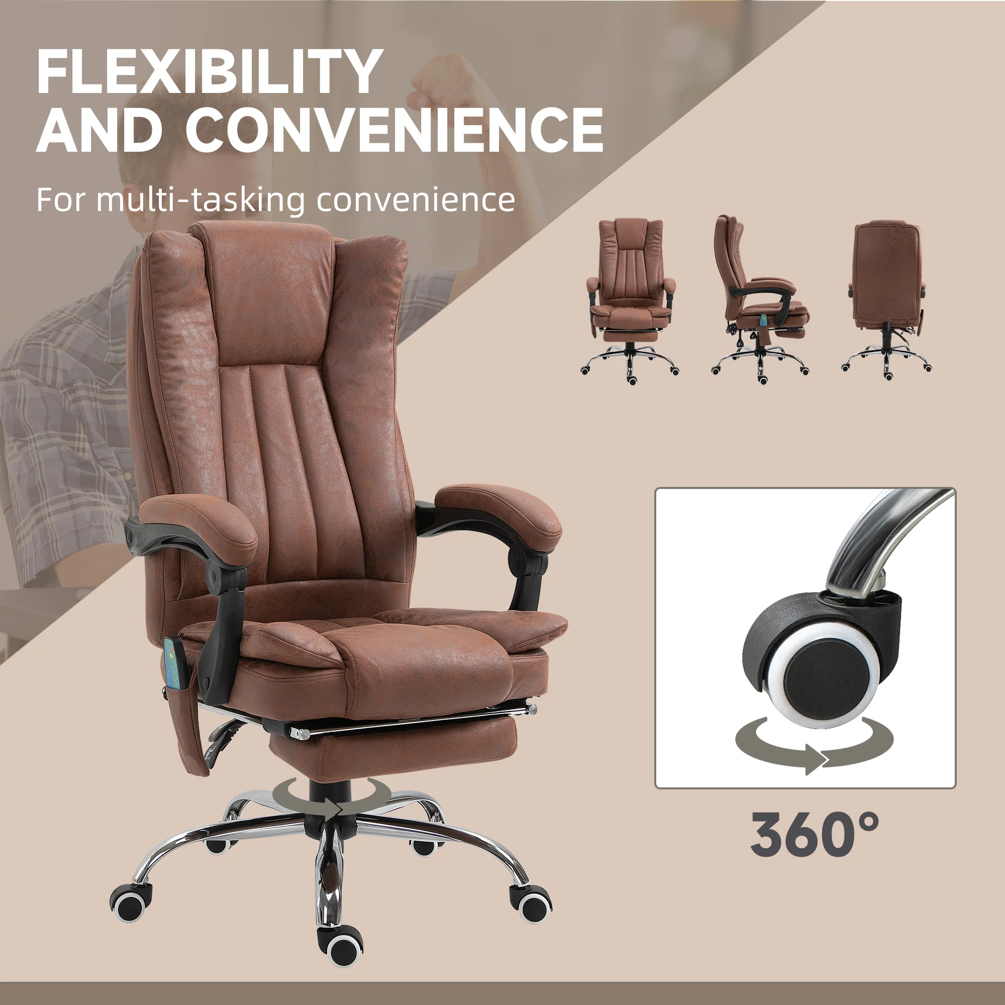 Vinsetto 6-Point Vibrating Heat Massage Chair W/ Microfibre Upholstery - Dark Brown/Light Brown/Charcoal Grey/Cream - Image 15